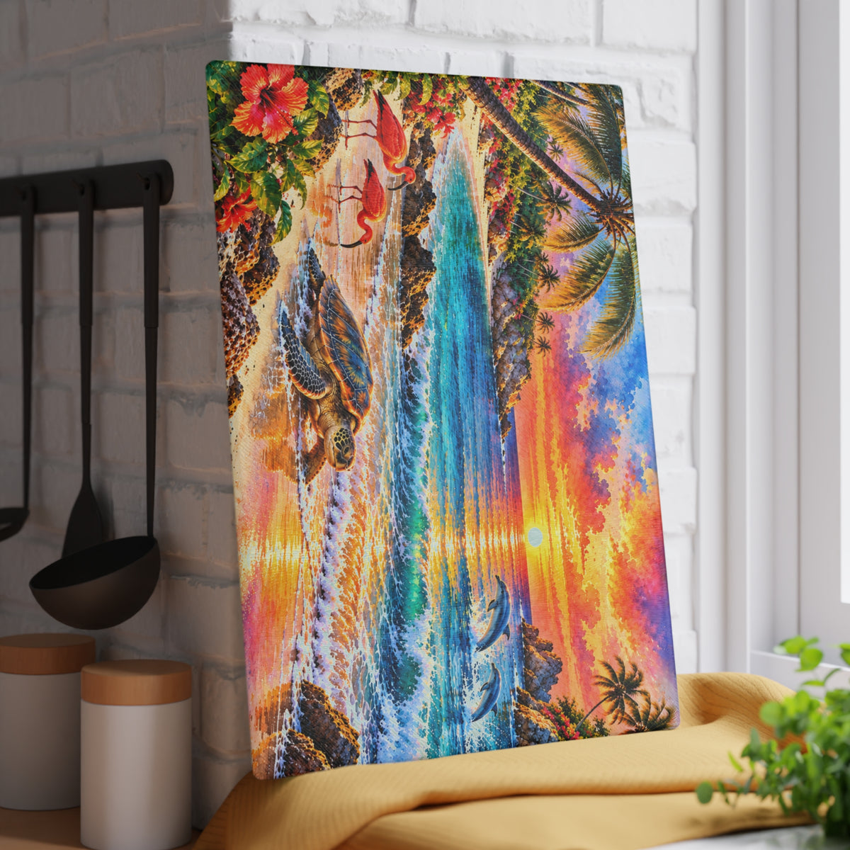 Tropical Sunset Beach Glass Cutting Board – Sea Turtle, Dolphins, Scarlet Ibis & Colorful Island Paradise