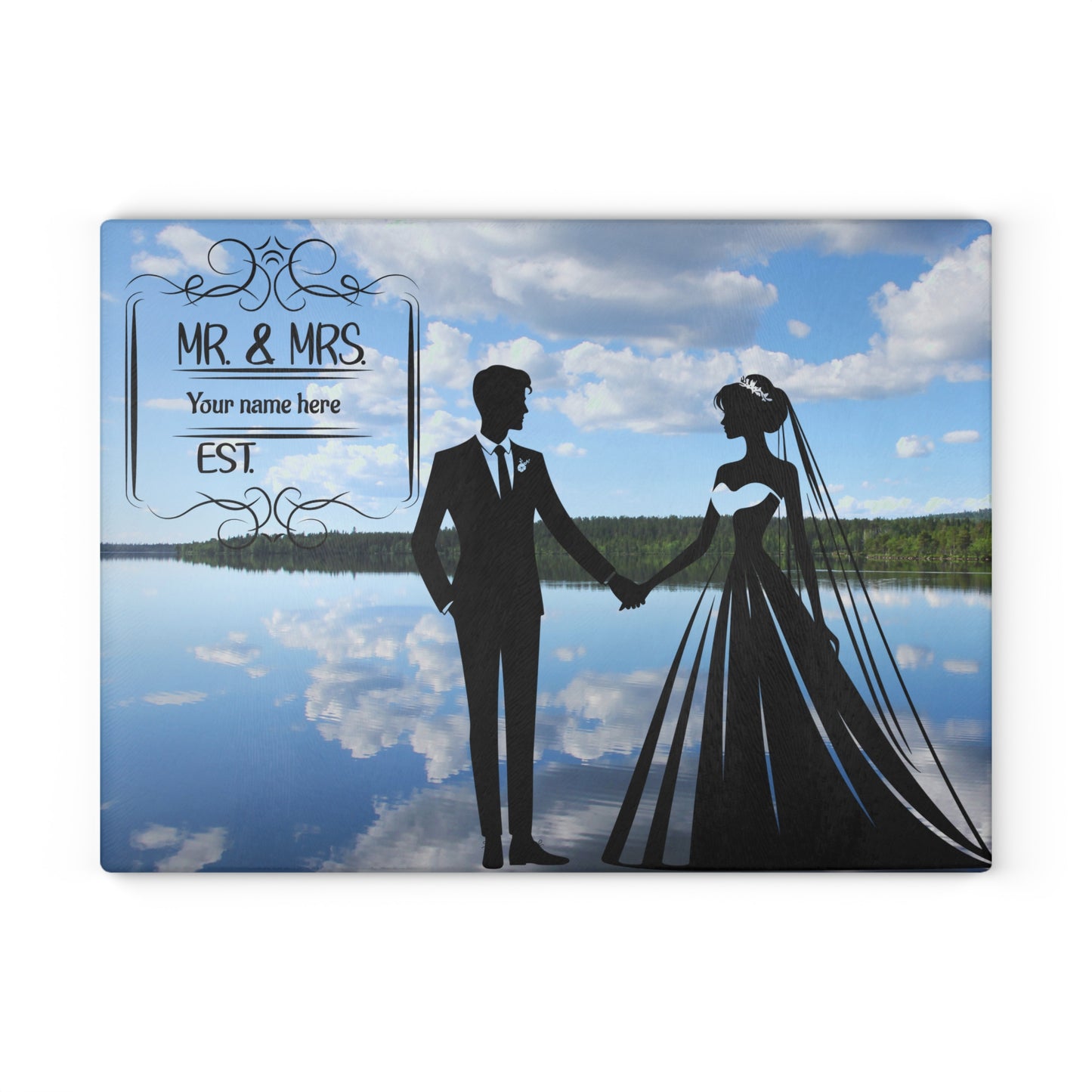 Tabla de cortar Mr. & Mrs. Tranquil Lake Reflection: regalo de boda personalizado para parejas amantes de la naturaleza