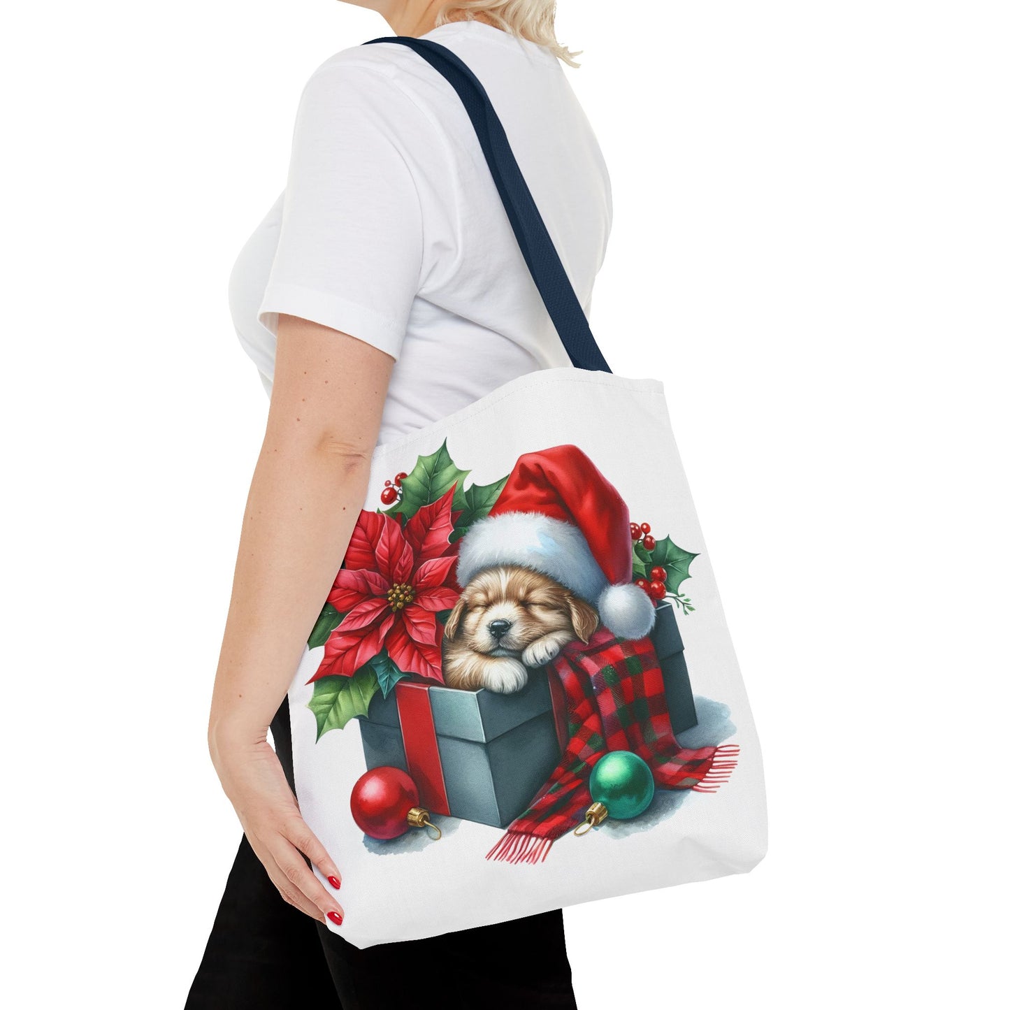 🎁 Sleeping Puppy in Gift Box Christmas Tote – Cozy Holiday Charm for Dog Lovers 🐾