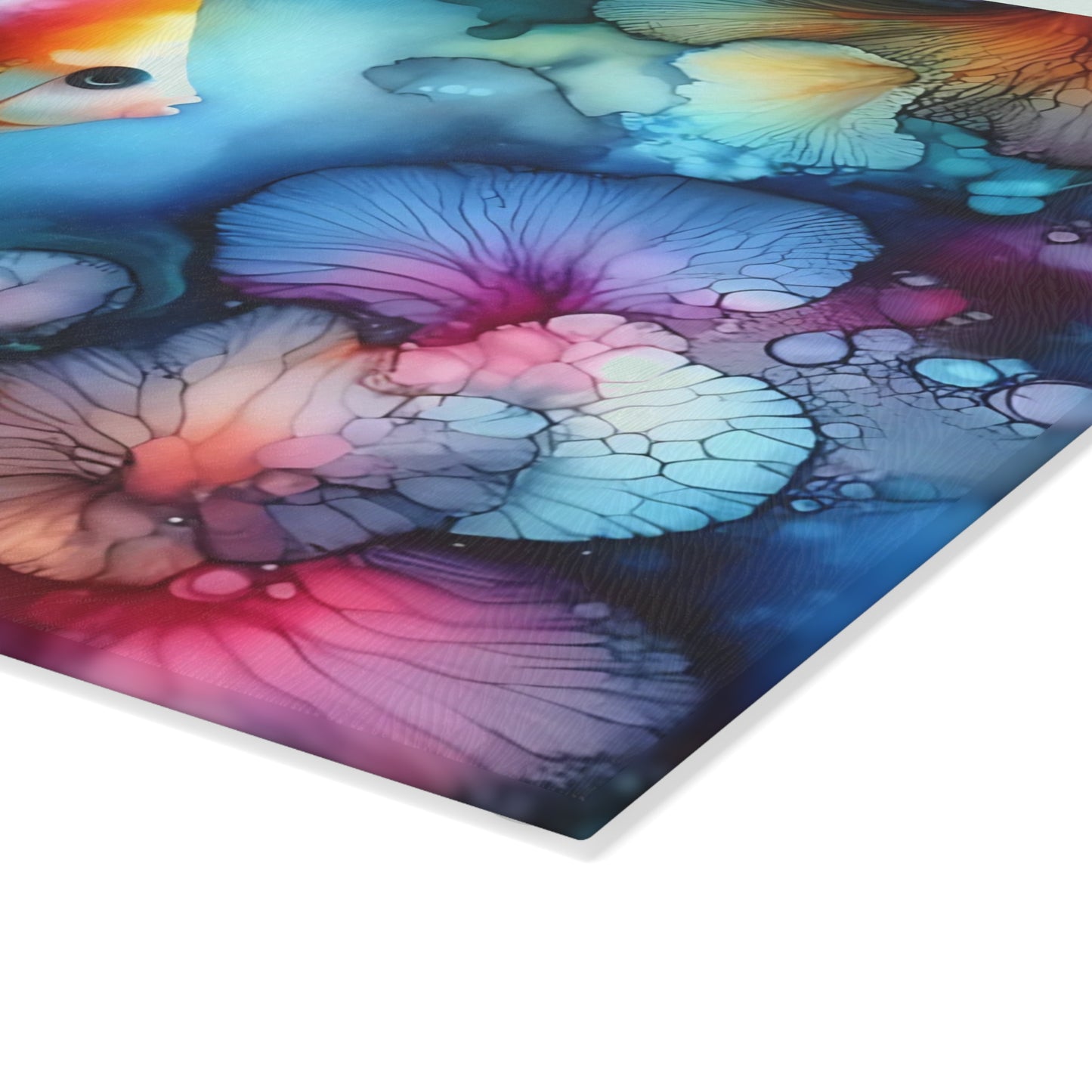 Tabla de cortar de vidrio con diseño de peces tropicales: arte oceánico con acuarela vibrante para exhibir en la cocina