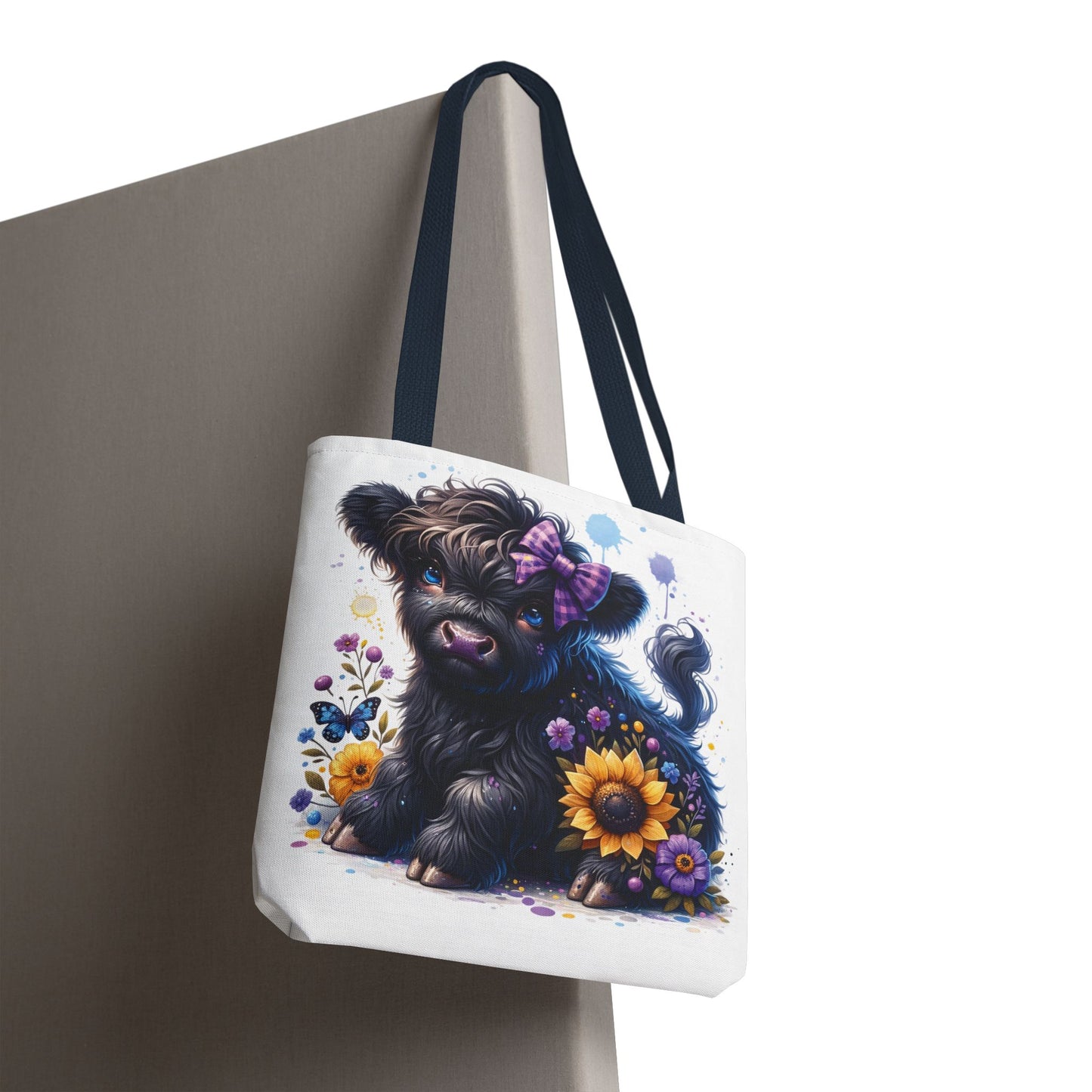 💜 Purple Bow Black Highland Calf Tote Bag – Country Charm with a Pop of Color 🐮👜