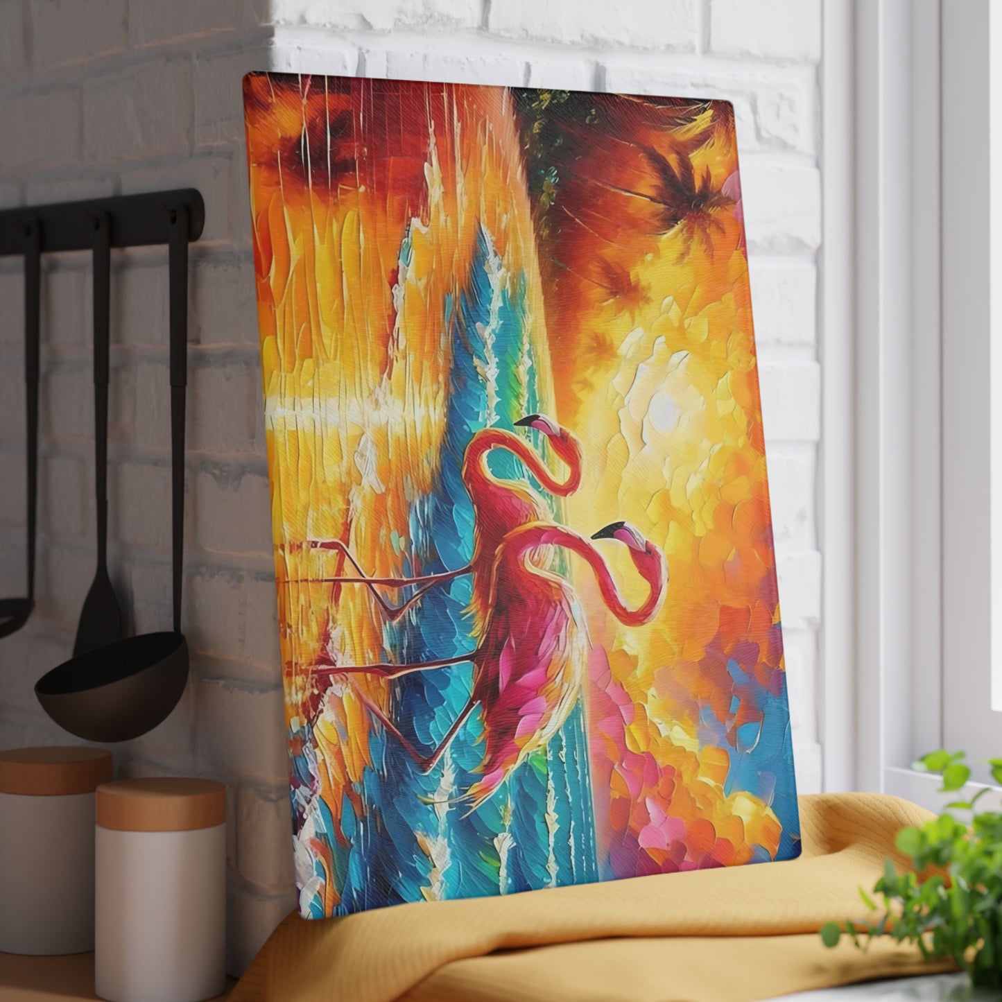 Tabla de cortar - Tabla de cortar de vidrio templado con diseño de flamenco rosa y atardecer en la playa, tabla de charcutería, tabla de cortar, regalo de inauguración de la casa, tabla de cortar personalizada, rústica