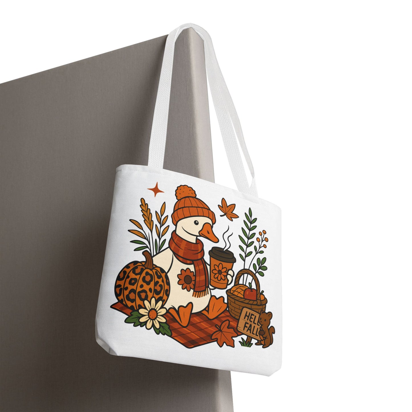 🧣 Hello Fall Cozy Duck Tote Bag – A Quirky Autumn Hug in a Bag 🍂🦆