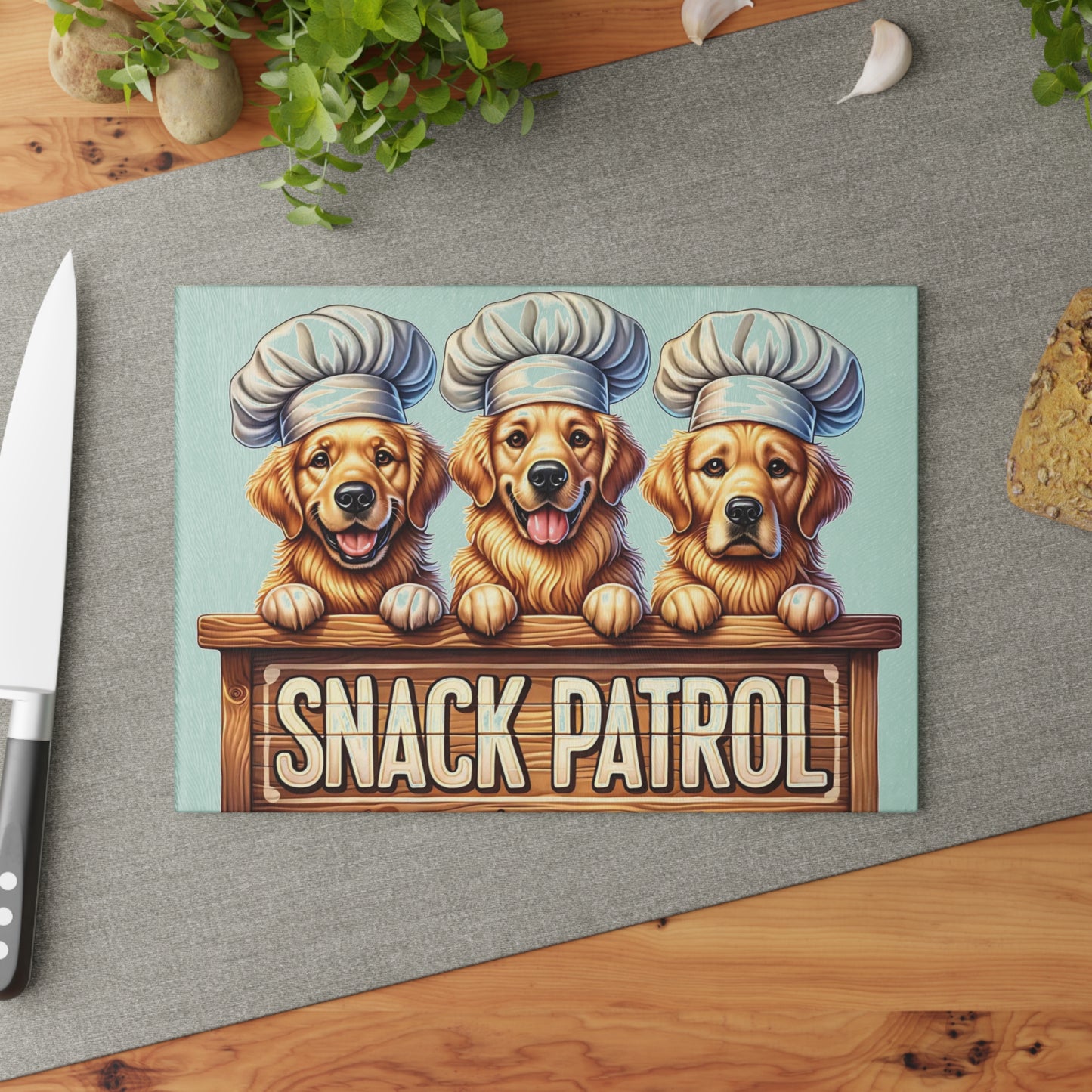 🐶🍪 “Snack Patrol” Glass Cutting Board – Golden Retrievers on Duty