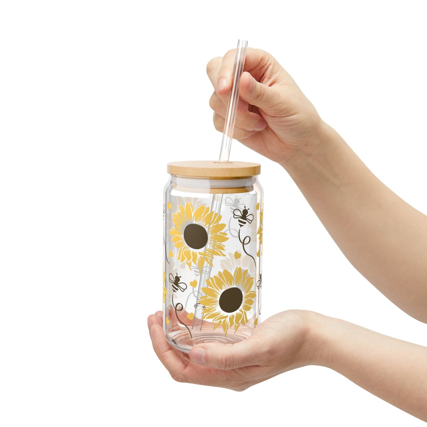 🌻 Sunflower & Bees Sipper Glass – Brighten Your Day with Every Sip 🐝