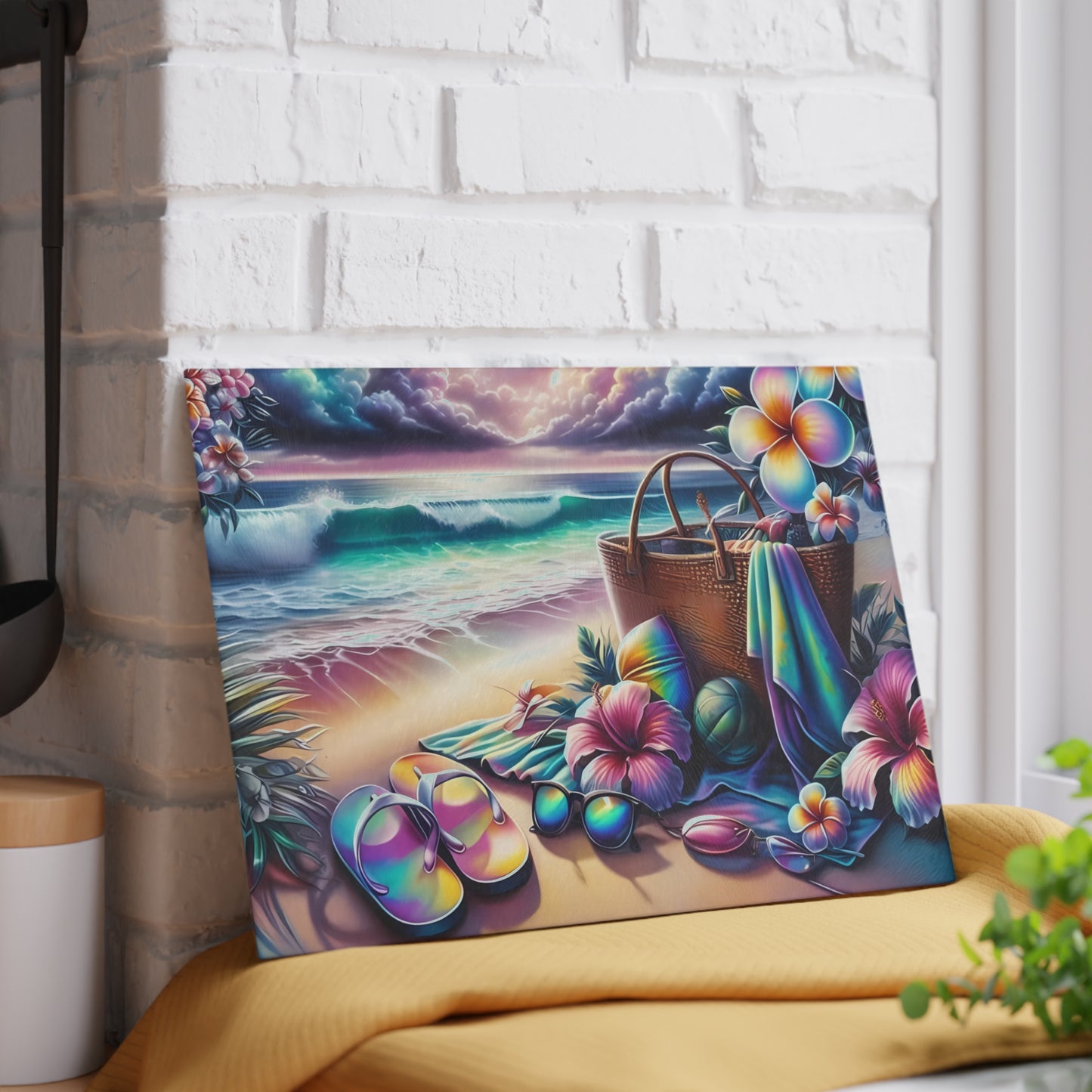 Tabla de cortar de vidrio "Día de Playa Tropical" - Decoración de cocina con ambiente veraniego, decoración costera, arte oceánico, regalo playero, tabla de cortar de vidrio, decoración de cocina tropical, aspecto pintado a mano, escena playera