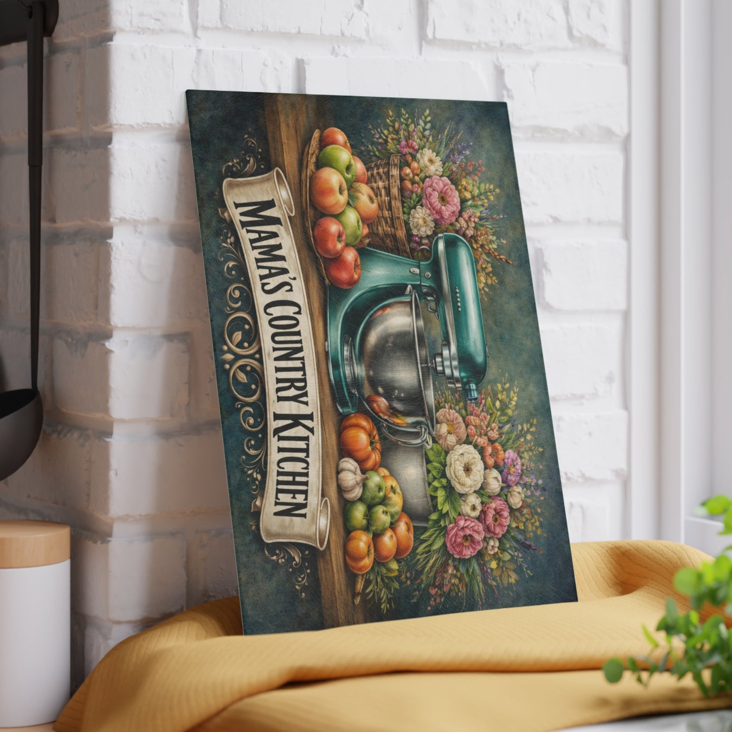 Mama’s Country Kitchen Glass Cutting Board – Farmhouse Baking Art with Vintage Mixer Charm
