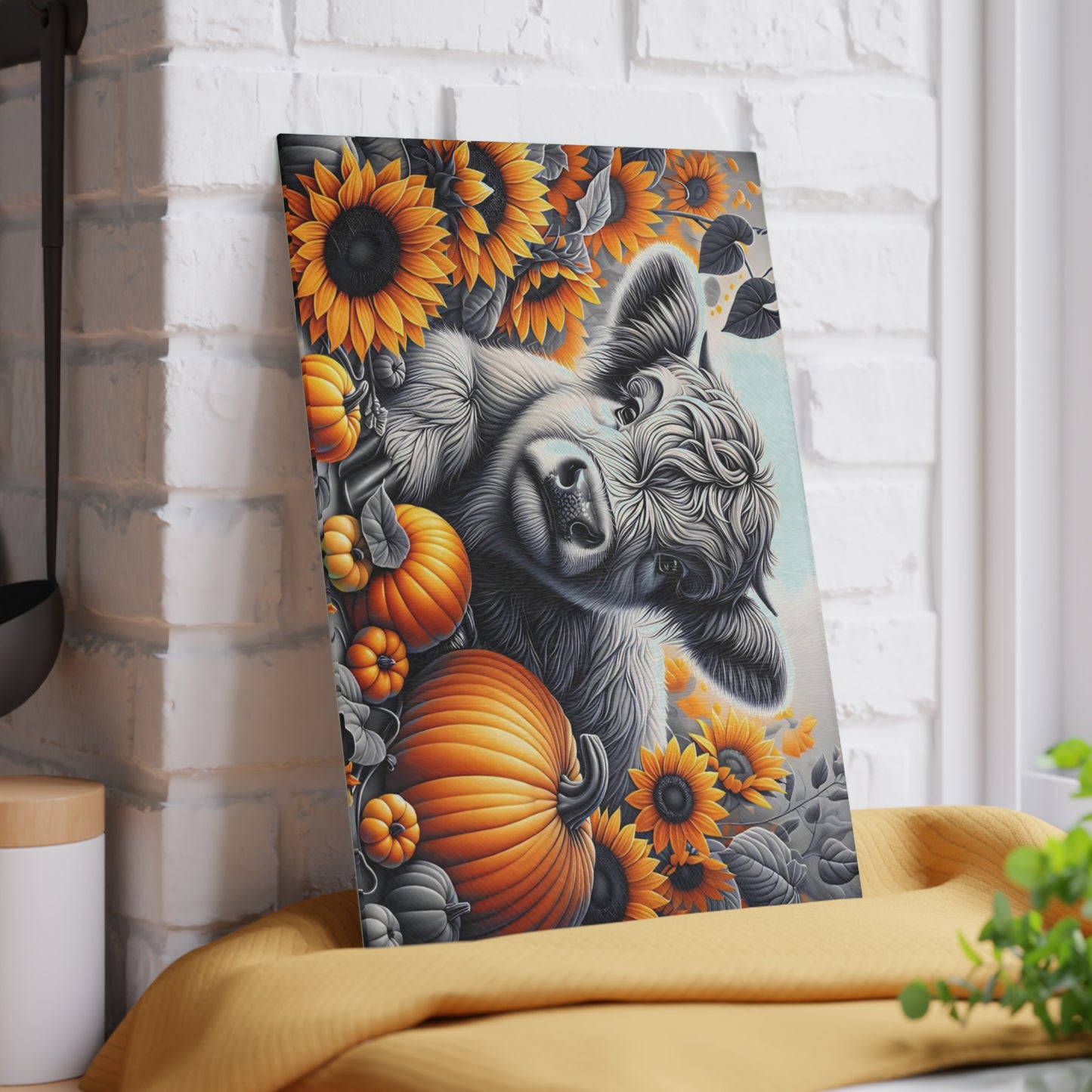 🐮🌻 Autumn Highland Calf Cutting Board – Rustic Charm with Pumpkins & Sunflowers 🎃🍂