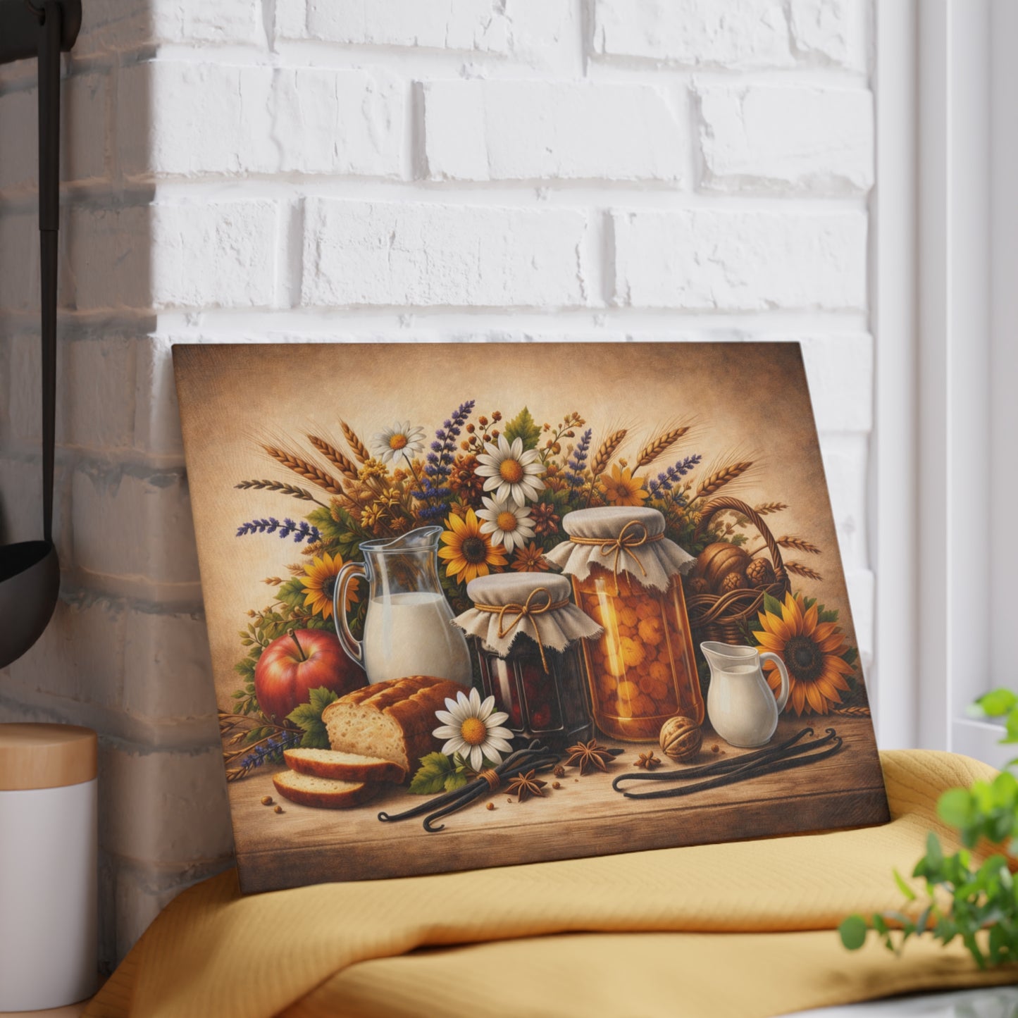 Harvest Pantry Still Life Glass Cutting Board – Rustic Farmhouse Kitchen Artwork