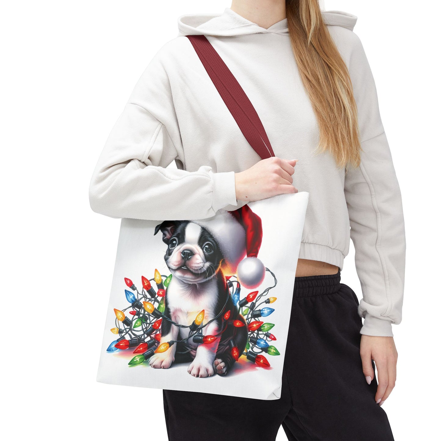 👜 Boston Terrier Christmas Lights Tote Bag – Holiday Sparkle Meets Puppy Love 🎄