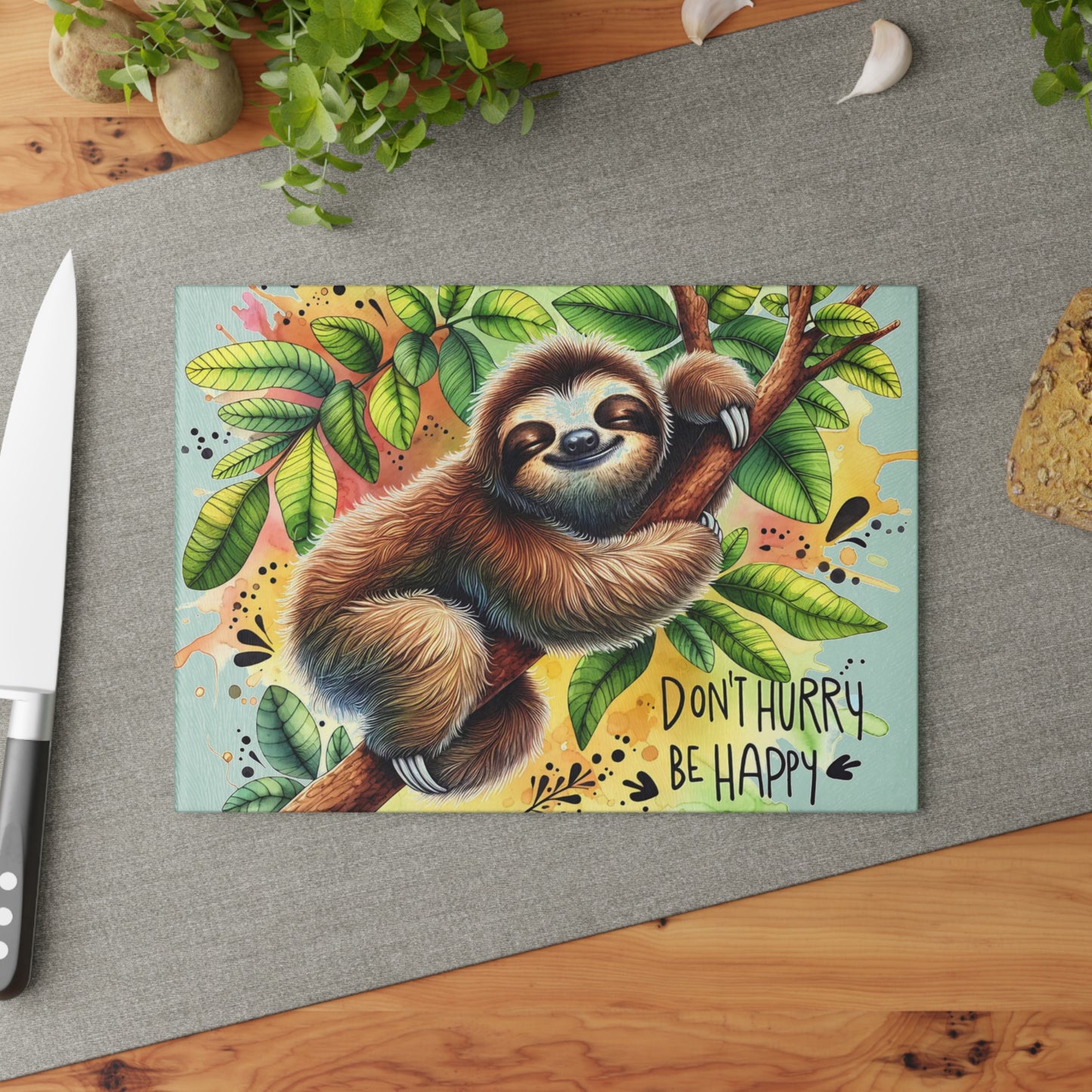 Sloth “Don’t Hurry Be Happy” Cutting Board – Whimsical Jungle Charm for Your Kitchen
