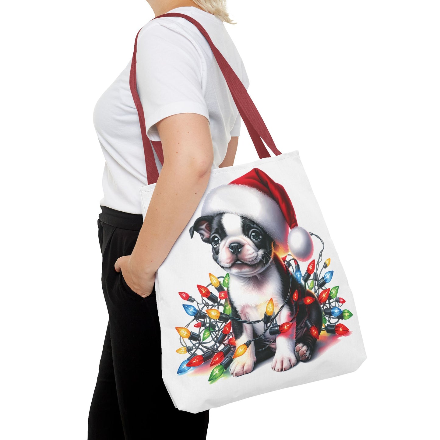 👜 Boston Terrier Christmas Lights Tote Bag – Holiday Sparkle Meets Puppy Love 🎄