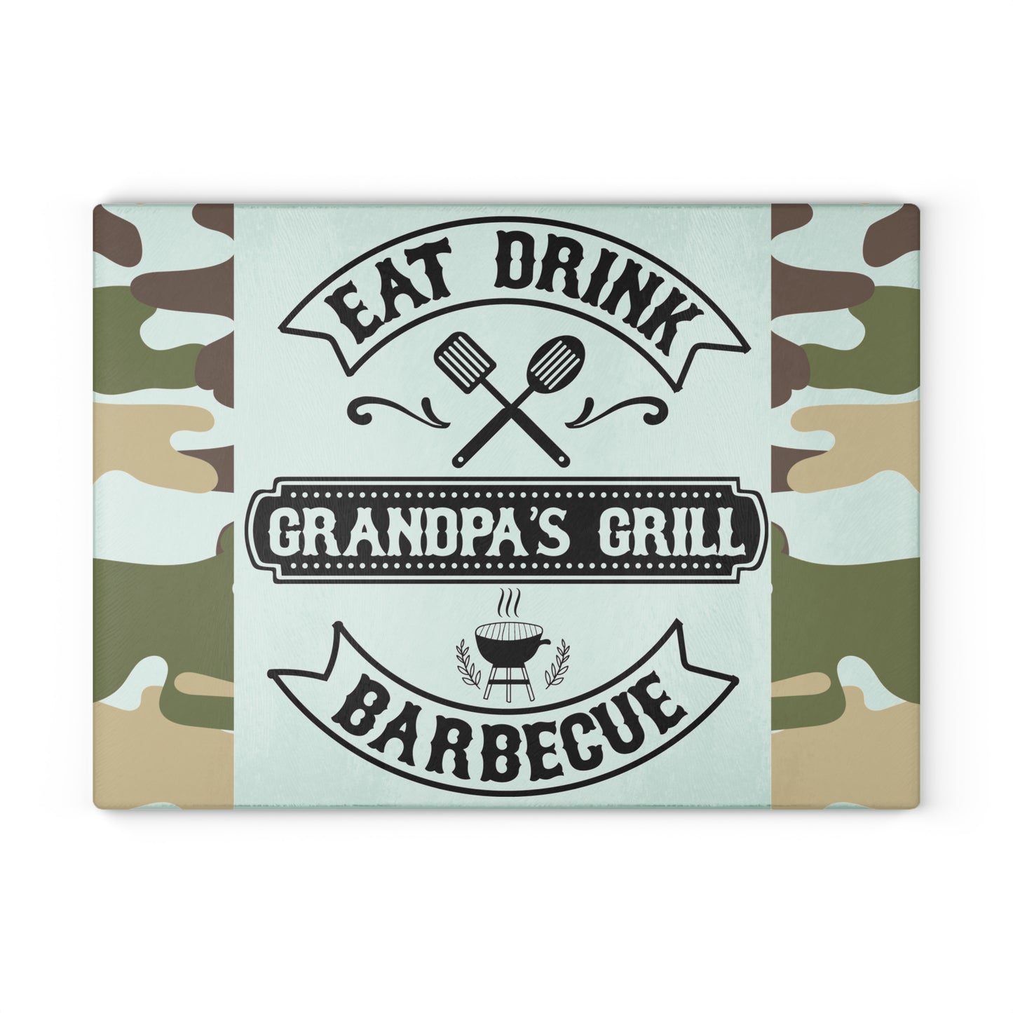🔥 COMER BEBER BARBACOA A LA PARRILLA DEL ABUELO – Tabla de cortar de vidrio con diseño de camuflaje para los reyes del patio trasero 🧢🍔