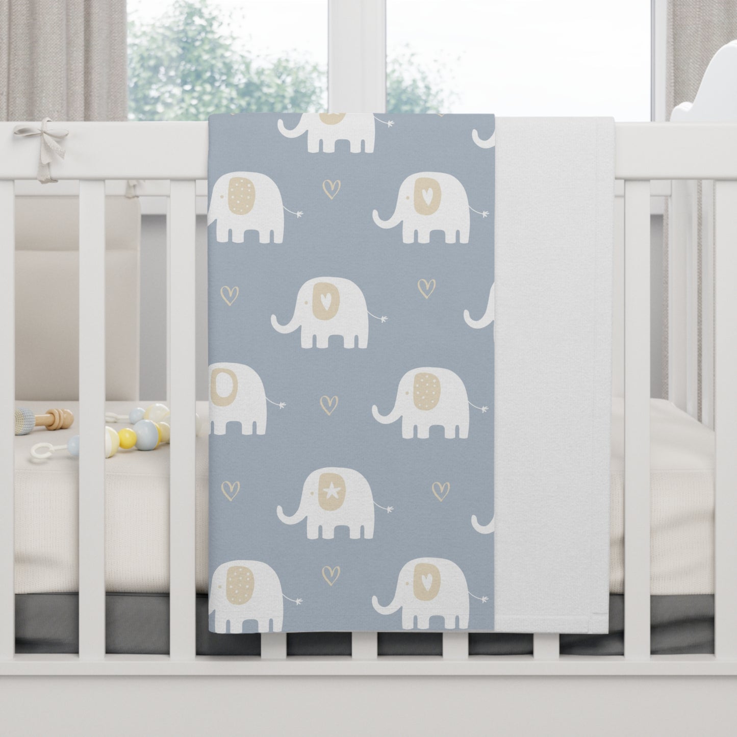 Blue Elephants Baby Blanket – Ultra-Soft Fleece 30″×40″ | Neutral Hearts on Dusty Blue