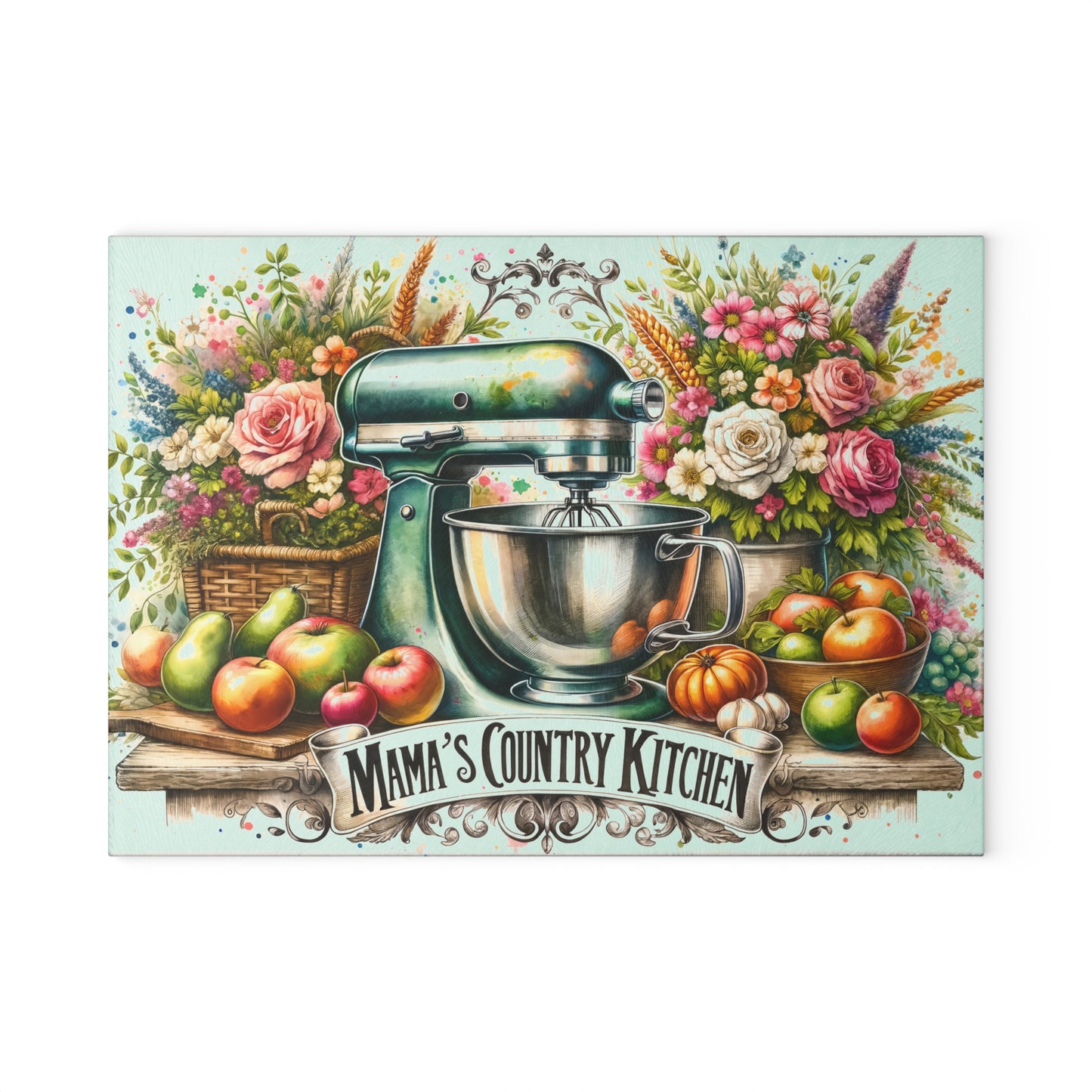 Tabla de cortar de cocina campestre de mamá: dije vintage para batidora con estilo floral campestre
