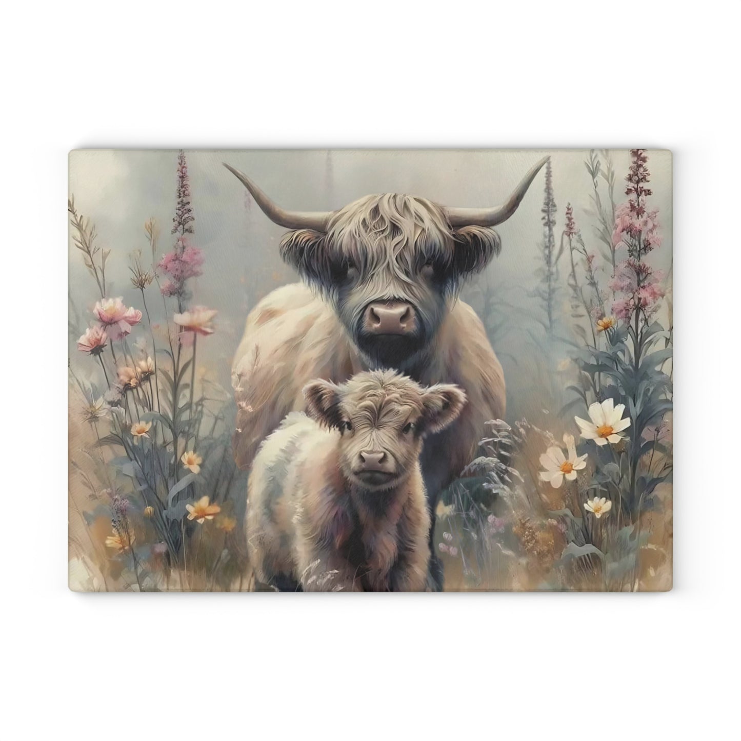 Tabla de cortar de vidrio templado con vaca y bebé de las Highlands