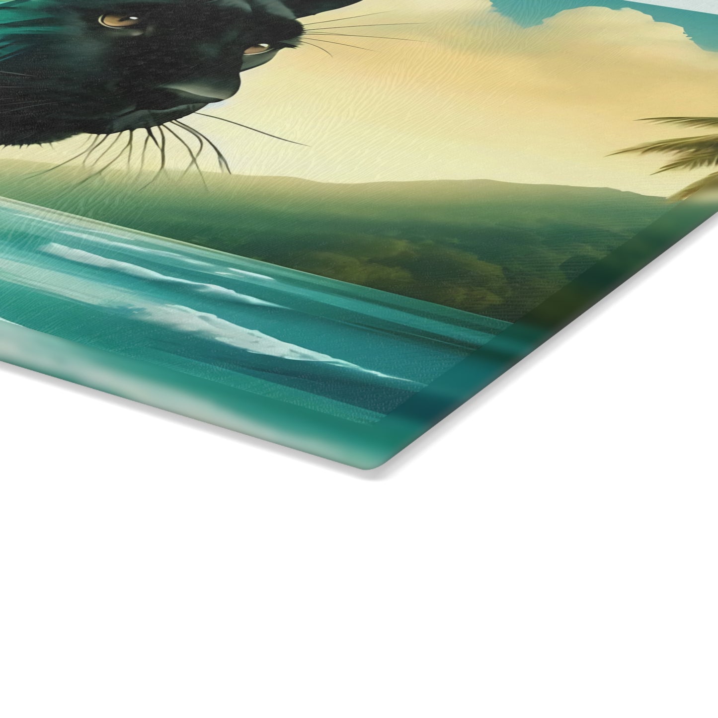Tabla de cortar de vidrio con diseño de Pantera Negra y puesta de sol en la playa: decoración de cocina con un gato de la jungla místico