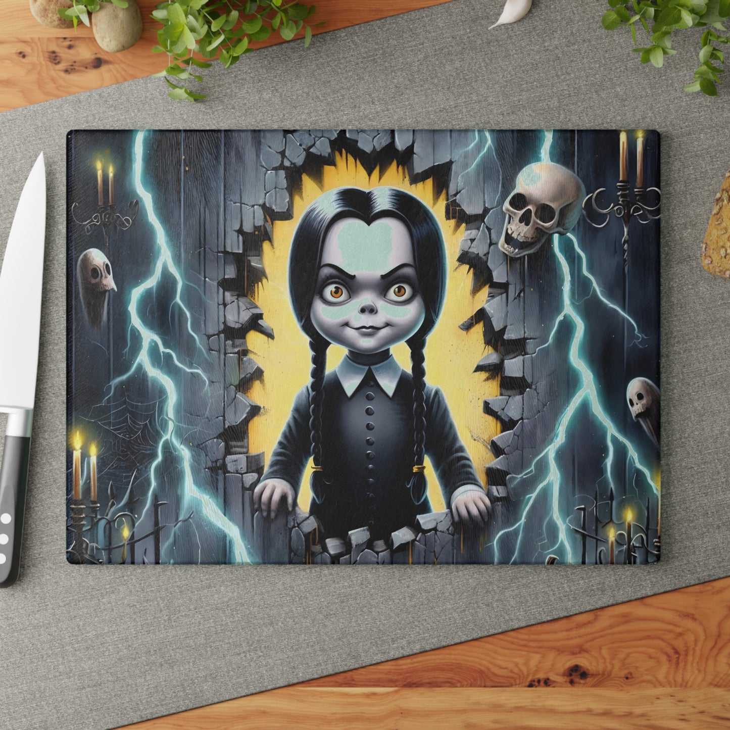 ⚡ Gothic Lightning Girl Cutting Board – Spooky Cool Vibes with Skulls, Candles & Bold Attitude 💀🌩️