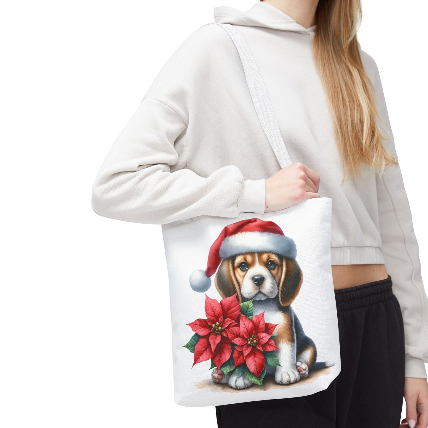 🐶 Beagle Puppy & Poinsettia Christmas Tote Bag – Sweet Holiday Charm in Every Step 🎄