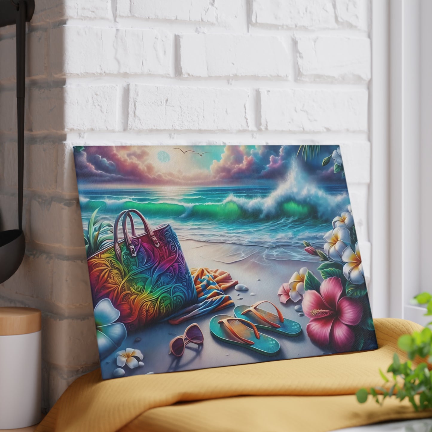 Tabla de cortar de vidrio "Día de Playa Tropical" - Decoración de cocina con ambiente veraniego, decoración costera, arte oceánico, regalo playero, tabla de cortar de vidrio, decoración de cocina tropical, aspecto pintado a mano, escena playera