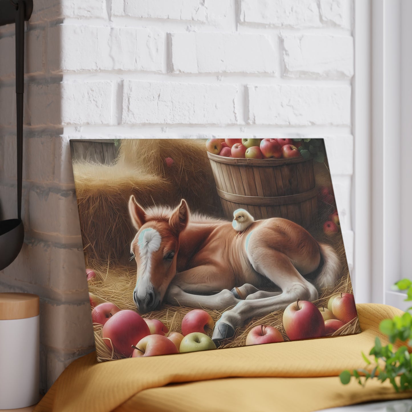 Tabla de cortar - Diseño de potro y pollito con manzanas, regalo único, tabla de cortar de vidrio, tabla de charcutería, tabla de cortar personalizada