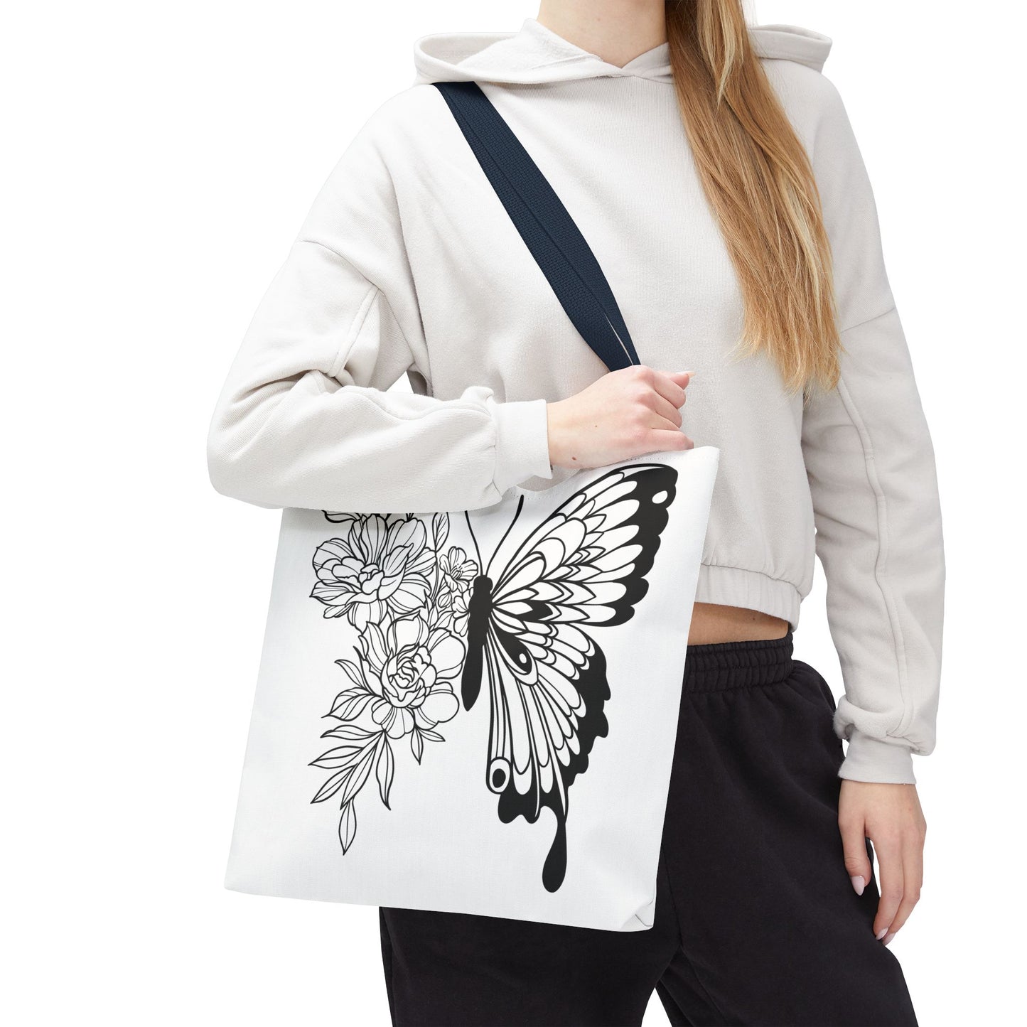 🦋 Black & White Butterfly Floral Tote Bag – Elegant Simplicity in Every Carry 🌸👜