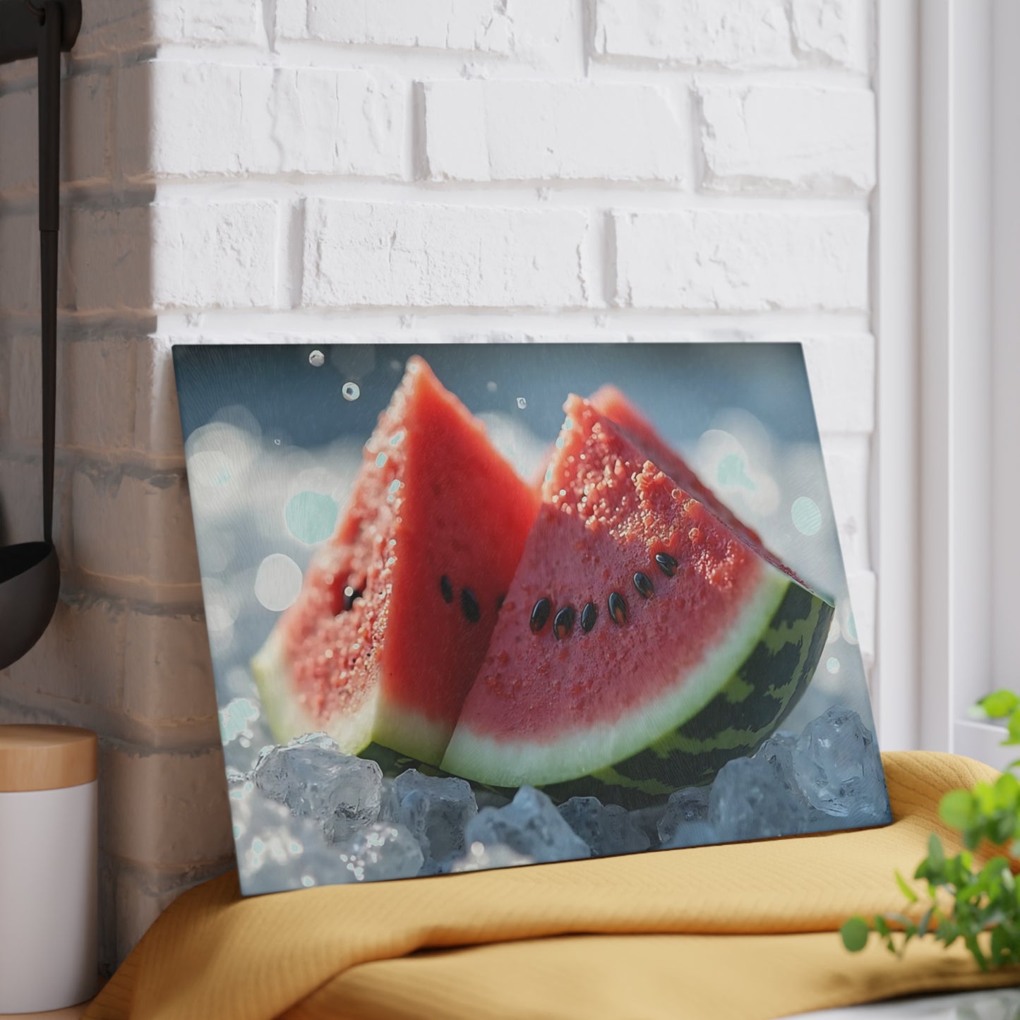 Tabla de cortar de vidrio con rodajas de sandía sobre hielo: una refrescante decoración de cocina de verano, un vibrante regalo con temática frutal.