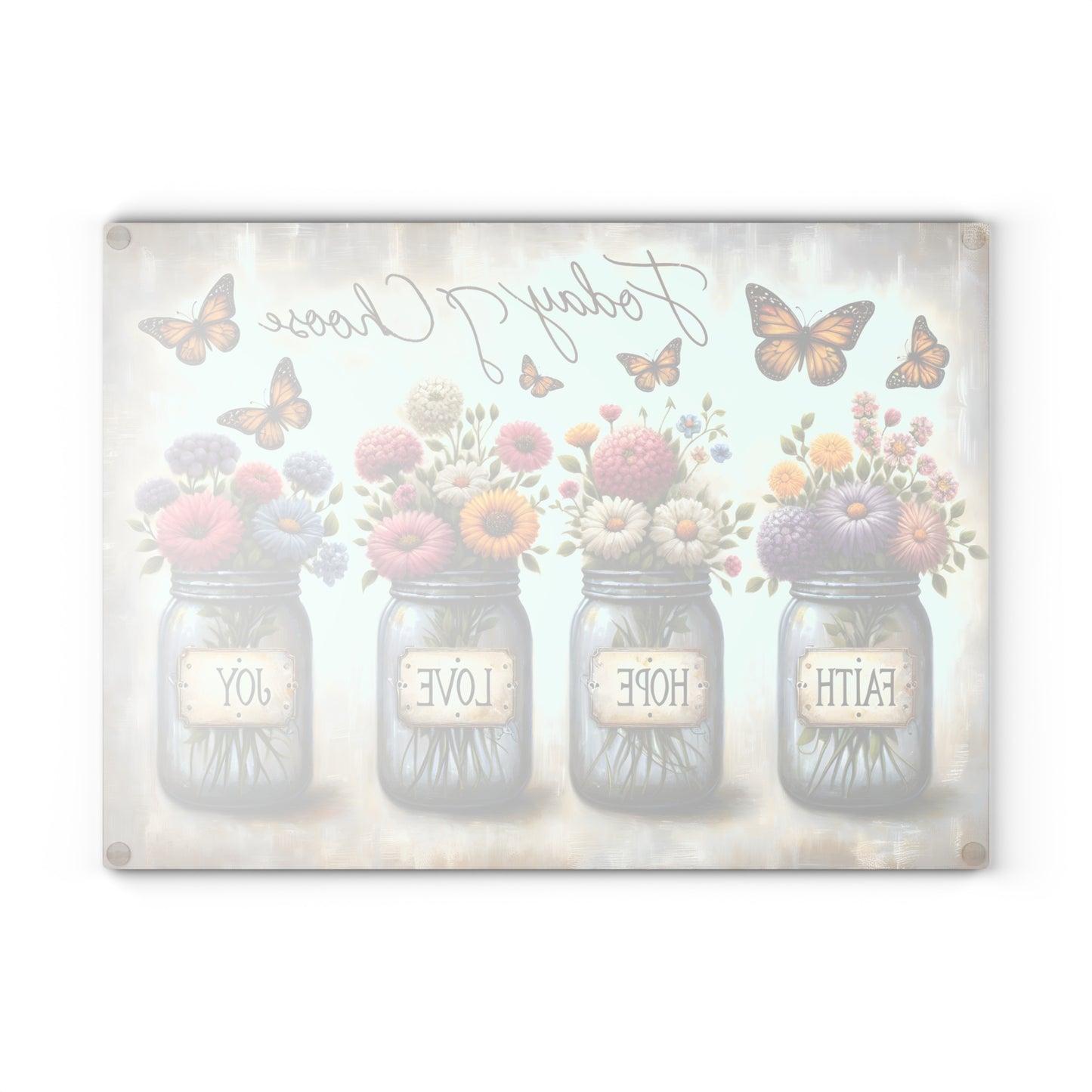 🌼 Hoy elijo – Tabla de cortar de fe, esperanza, amor y alegría – Decoración floral inspiradora para la cocina