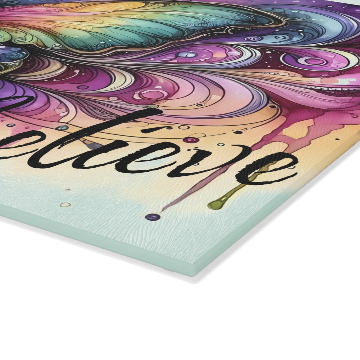 🦋 "Believe" Butterfly – Tempered Glass Cutting Board