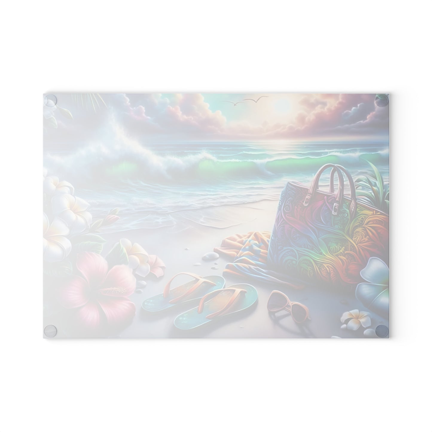 Tabla de cortar de vidrio "Día de Playa Tropical" - Decoración de cocina con ambiente veraniego, decoración costera, arte oceánico, regalo playero, tabla de cortar de vidrio, decoración de cocina tropical, aspecto pintado a mano, escena playera