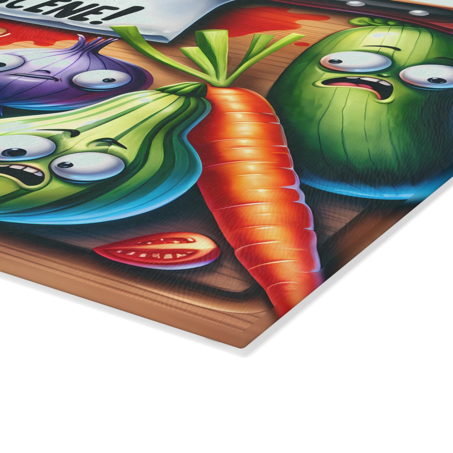 Kitchen Crime Scene Glass Cutting Board – Screaming Vegetables, Bread & Salami Funny Kitchen Decor