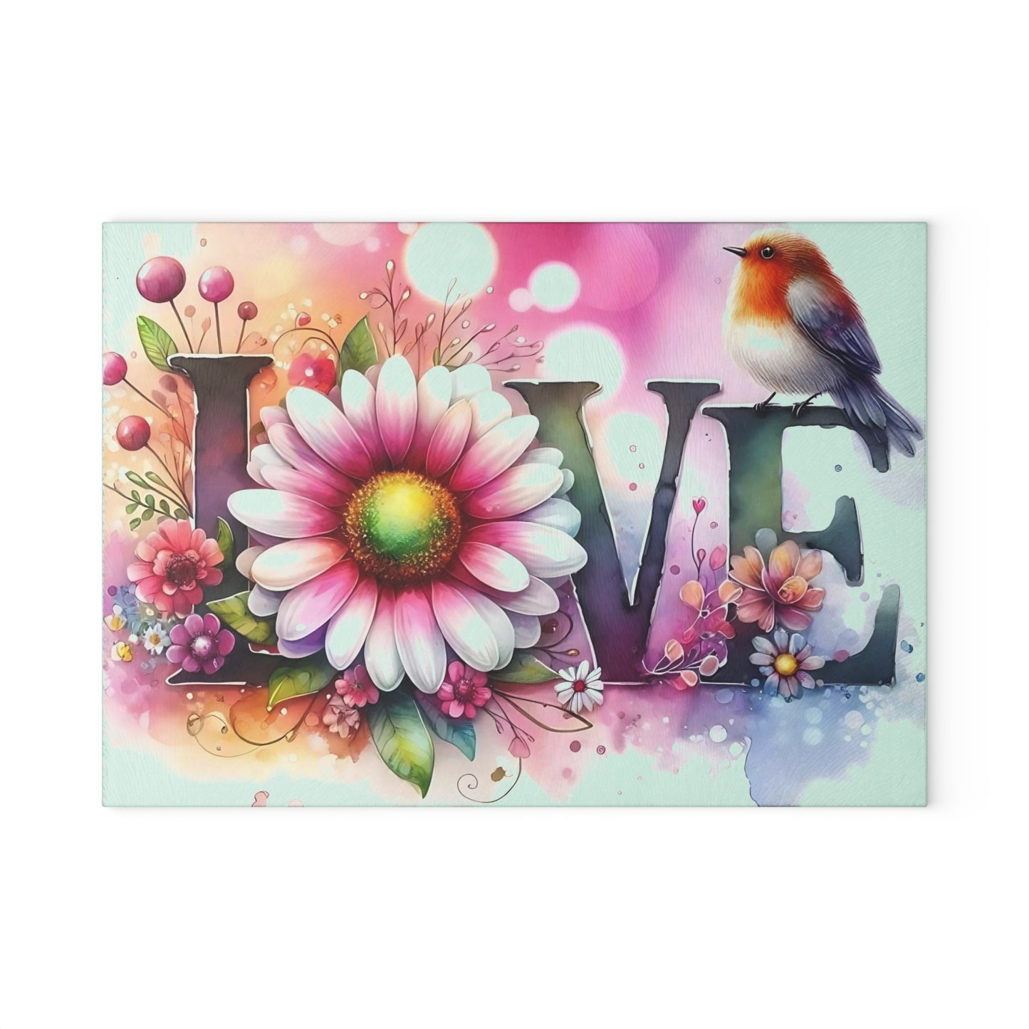 Tabla de cortar, diseño de amor con pájaros y girasoles, decoración de cocina, bandeja de vidrio para servir, regalo de inauguración de la casa, utensilio de cocina
