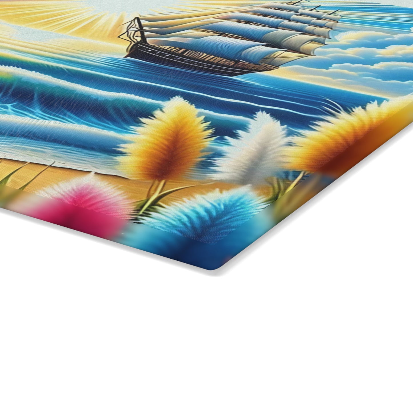 Tabla de cortar con un vibrante atardecer en el océano: decoración náutica de vidrio para cocinas costeras