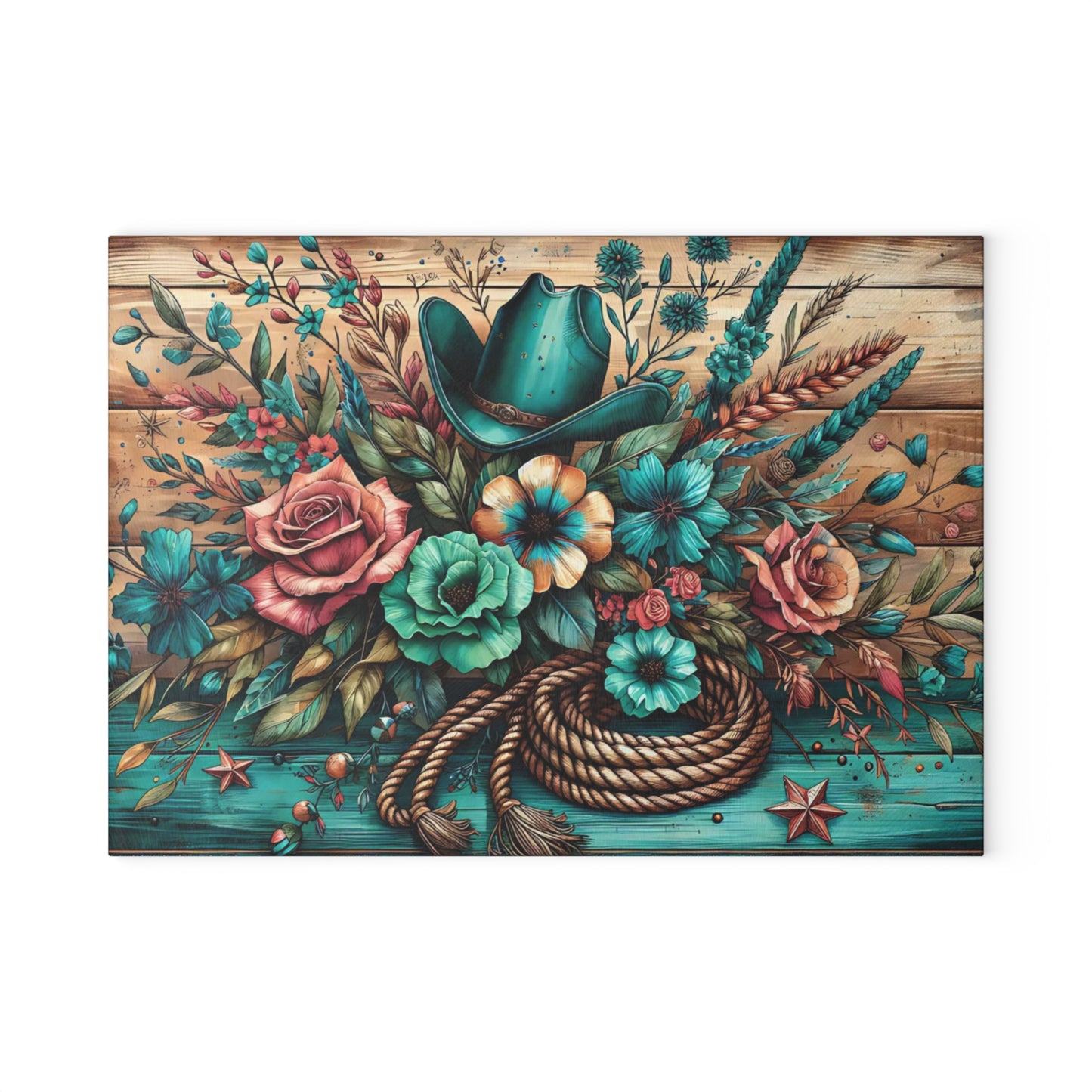 🤠 Western Cowboy Hat, Rope & Floral Rustic Cutting Board – Country Charm Kitchen Décor