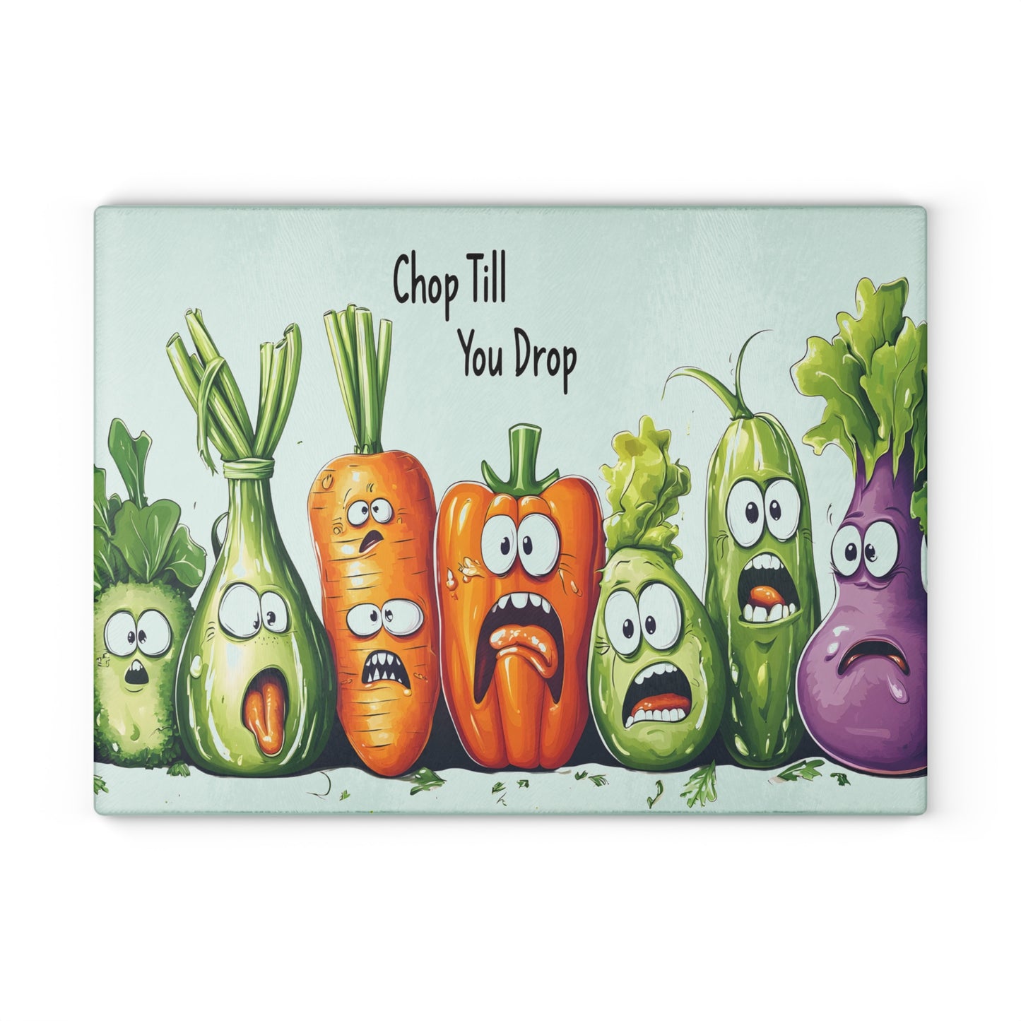 Tabla de cortar de vidrio “Chop Till You Drop” – Verduras que gritan y humor negro de cocina 😱🍅