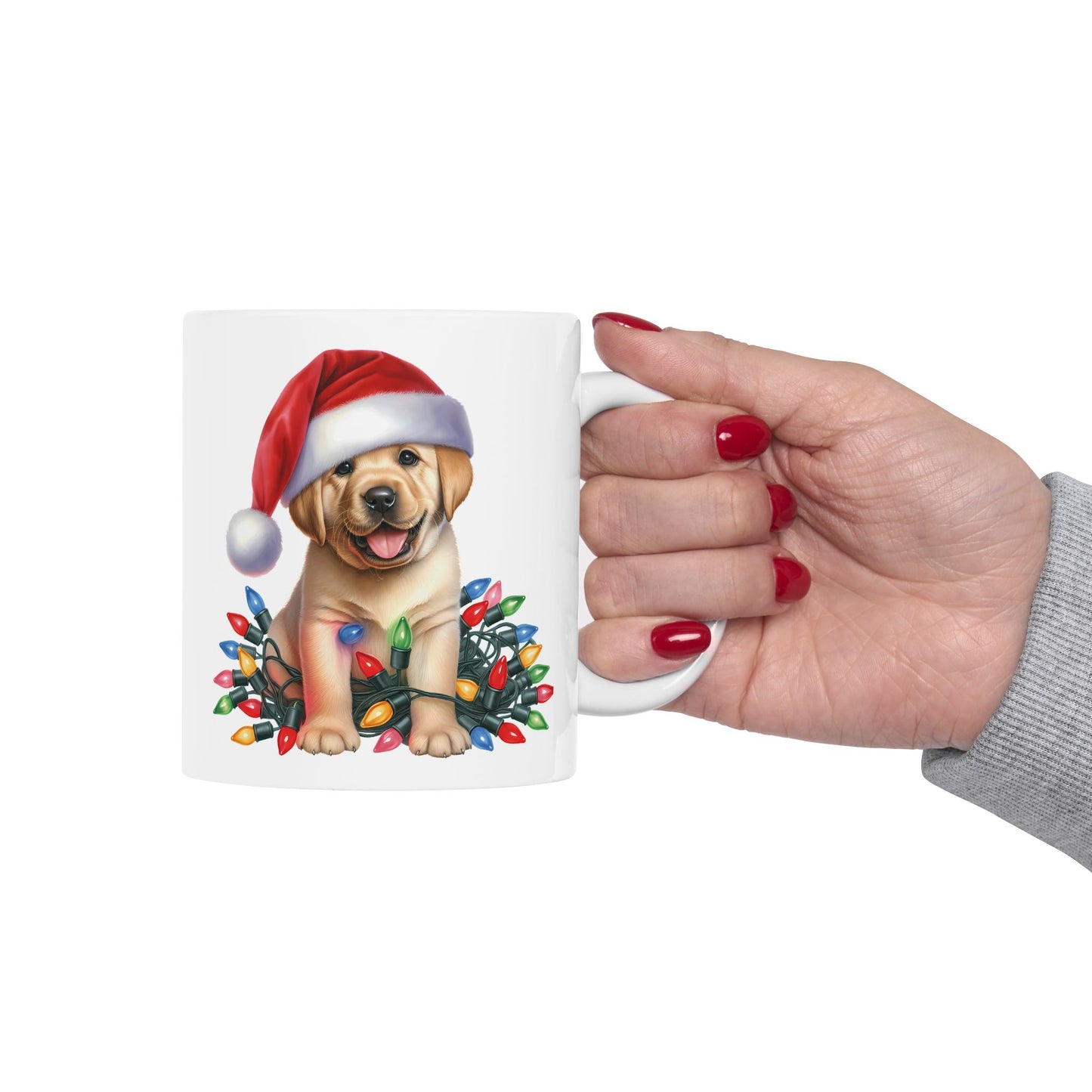 🎄 Labrador Puppy Christmas Mug – Santa Hat & Holiday Lights Cheer 🐾