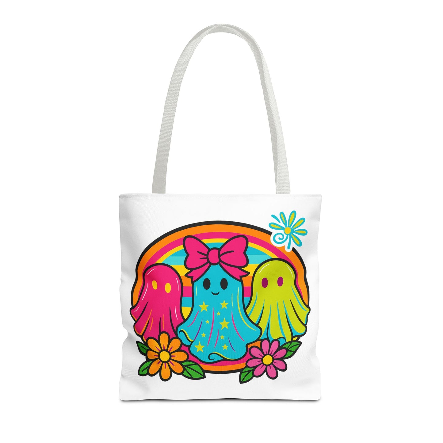 ๐ Retro Rainbow Ghosts Tote Bag โ Groovy Spooky Fun ๐ป๐