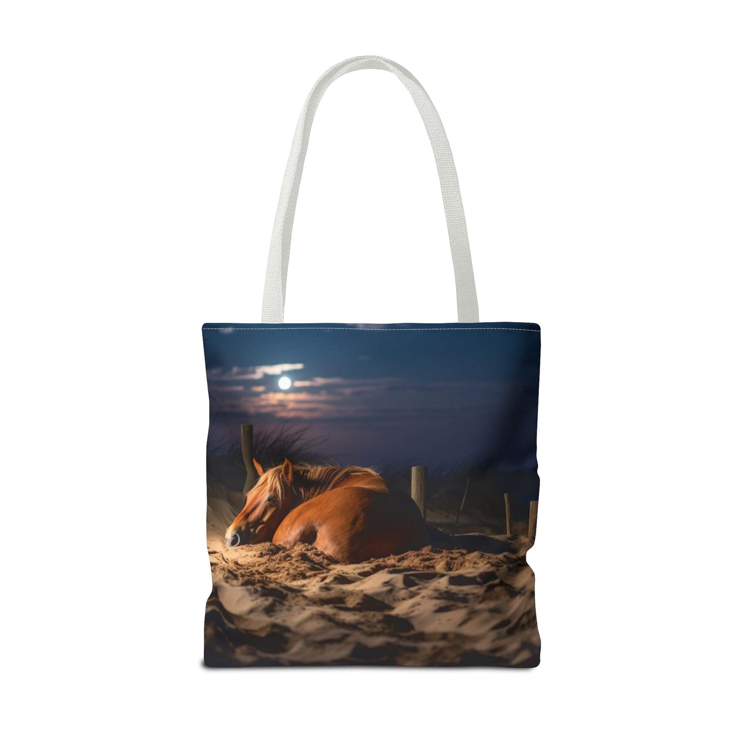 Bolsa de tela "Caballo durmiendo en la playa bajo la luz de la luna": una escapada serena a cada paso