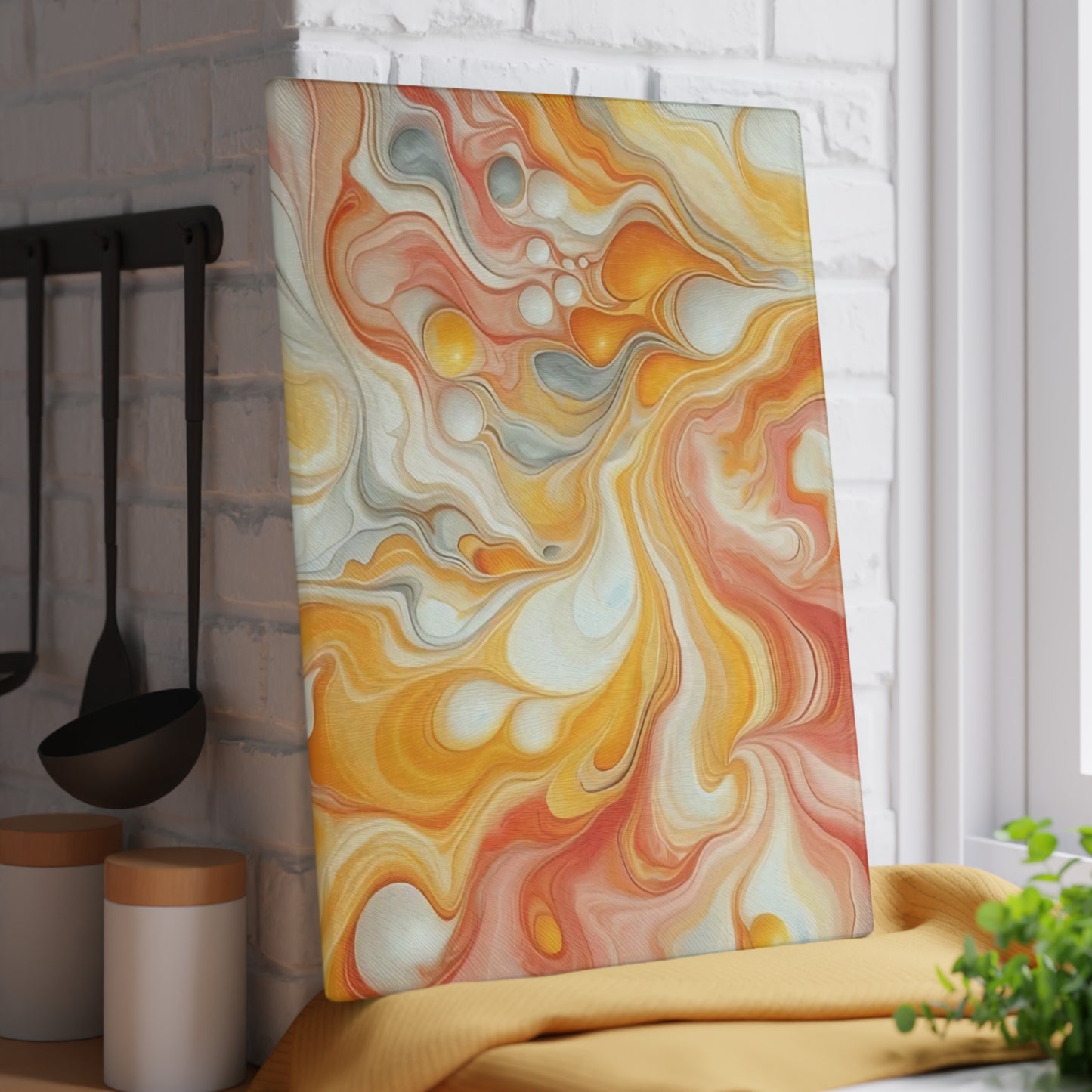 Tabla de cortar de vidrio templado con efecto mármol amarillo, gris y naranja: elegante decoración de cocina con aspecto de mármol, ideal para regalar y funcional.