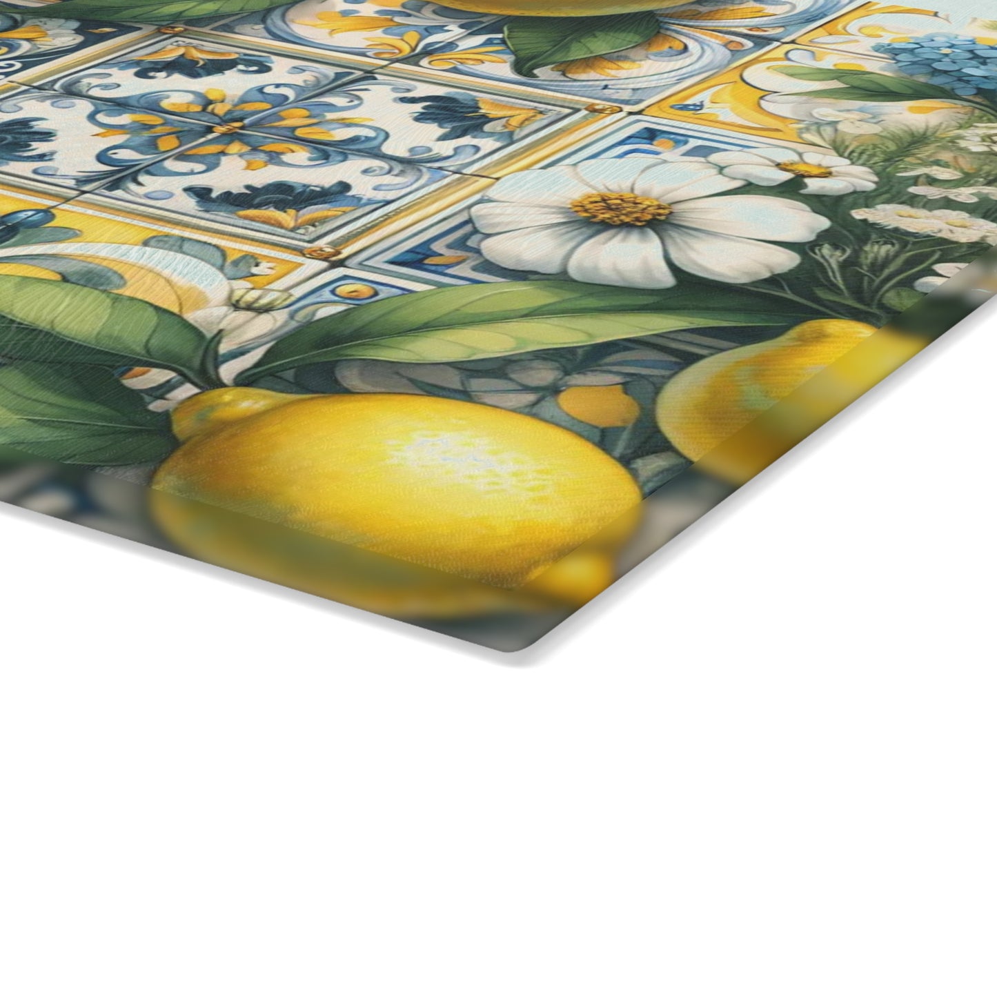 🍋🌼 Lemon Tile Floral Cutting Board – Mediterranean Charm for Your Kitchen 🌸🍋