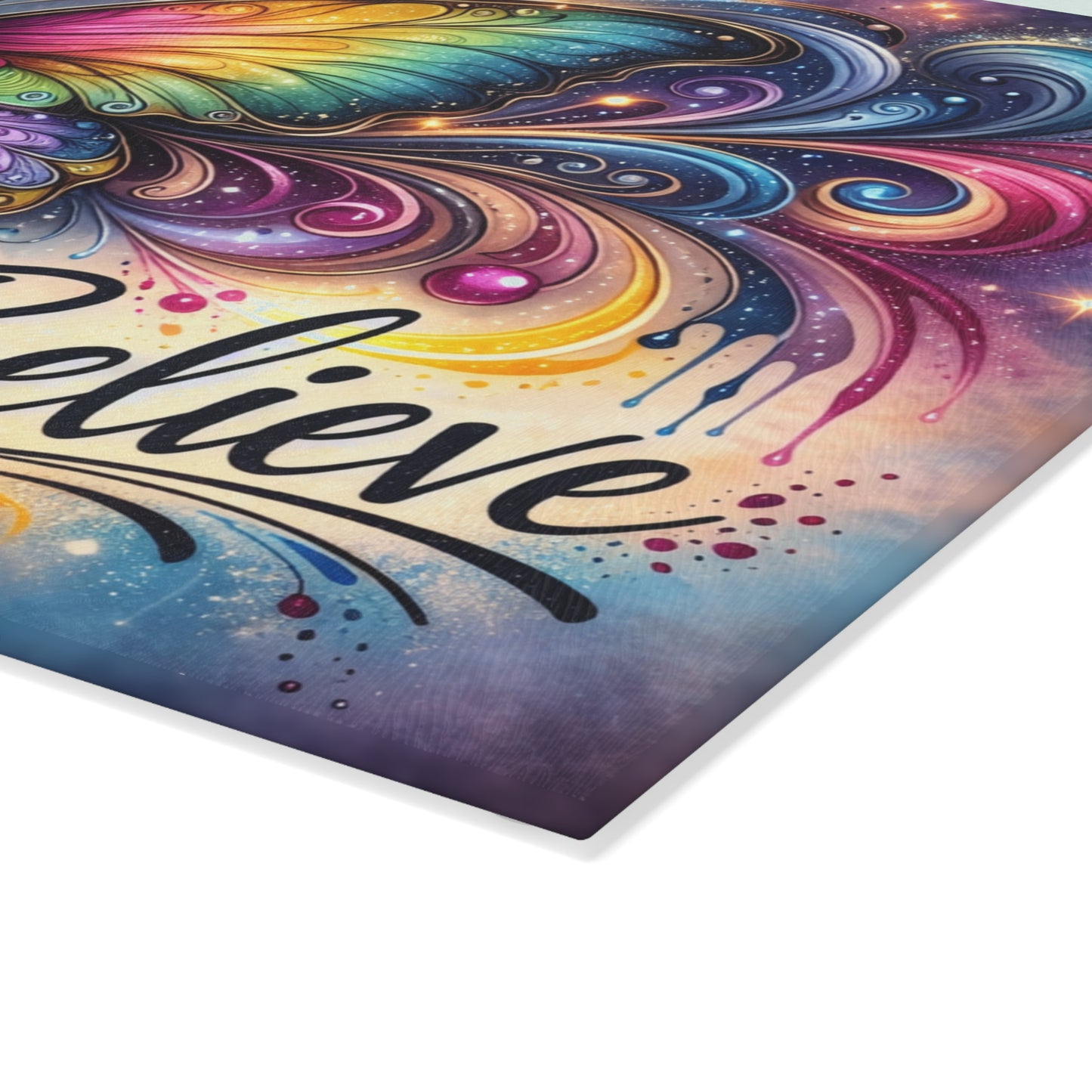 Believe Butterfly Glass Cutting Board – Rainbow Butterfly Inspirational Kitchen Art