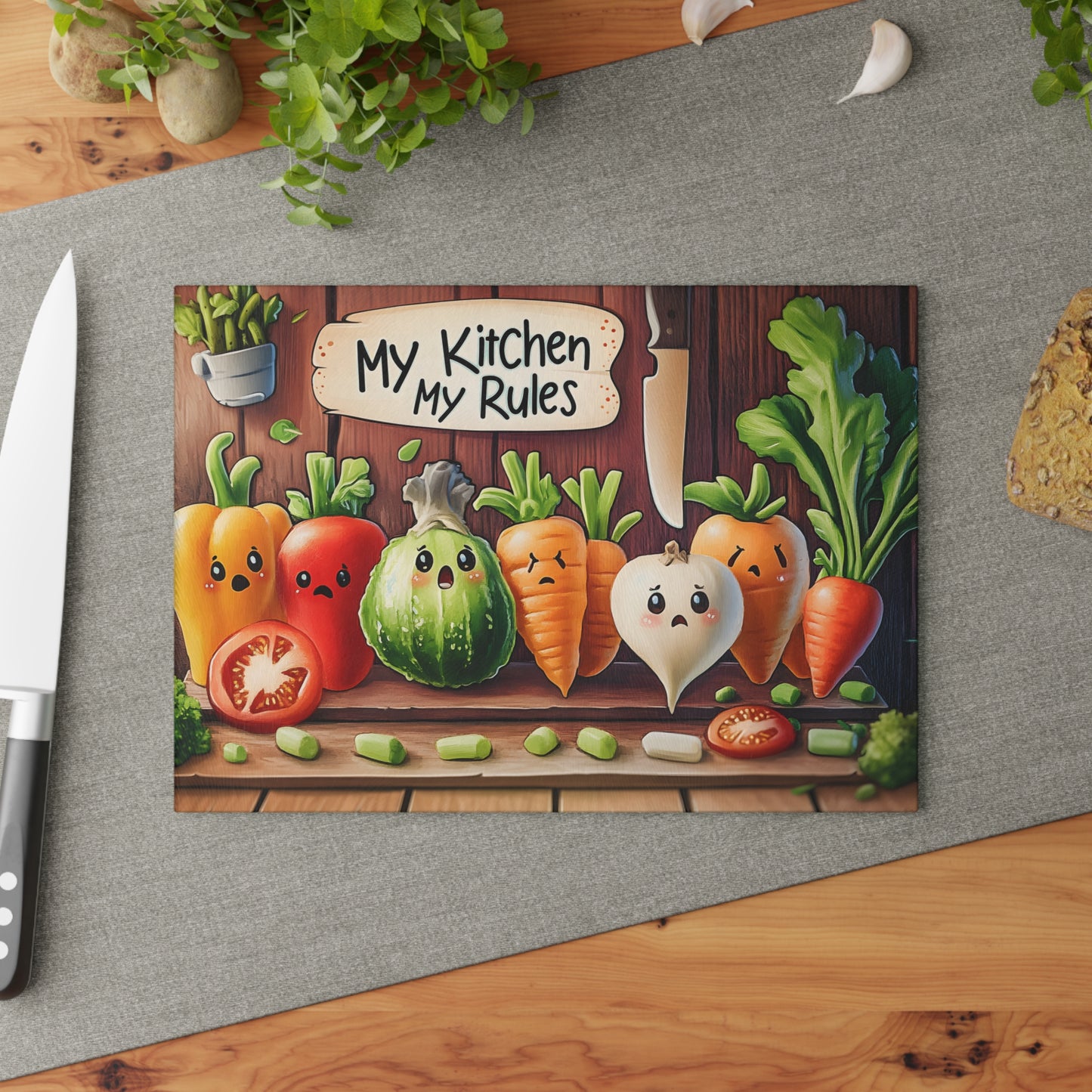 Tabla de cortar de vidrio “Mi cocina, mis reglas” – Verduras asustadas y humor de cocina atrevido
