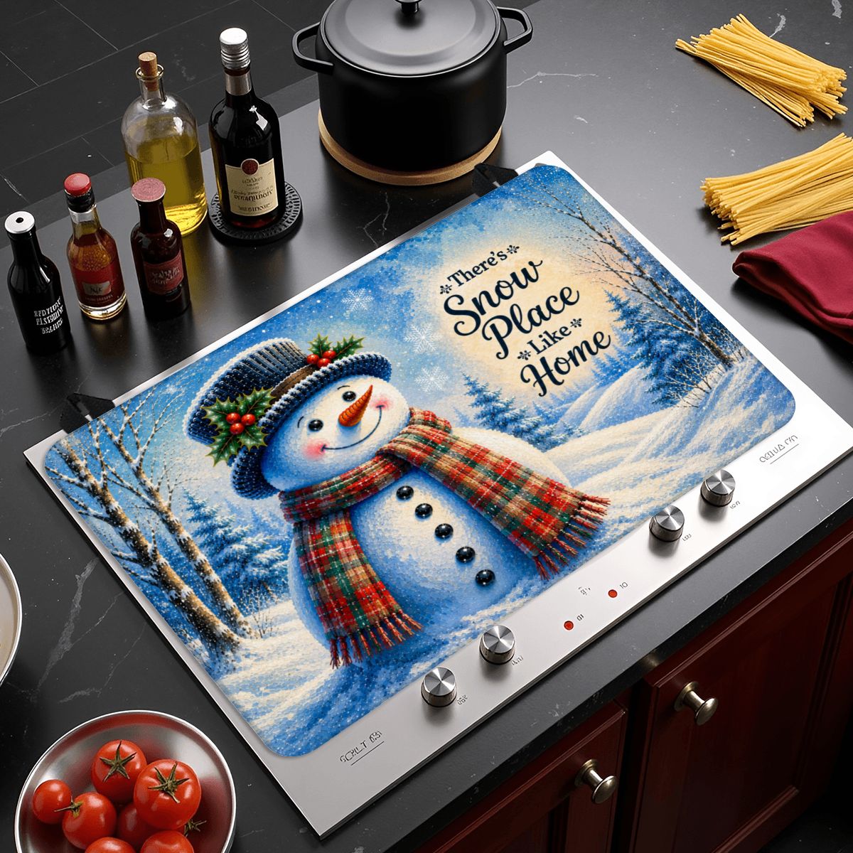 There’s Snow Place Like Home Snowman Stove Top Cover – Christmas Winter Stove Protector Mat