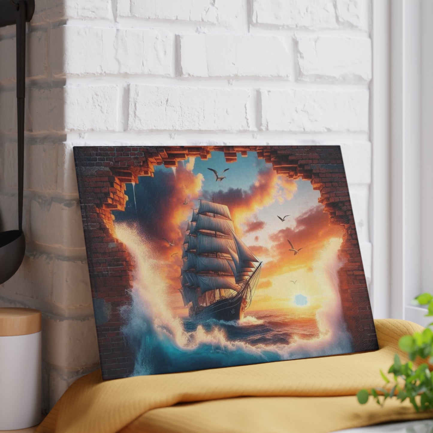 Tabla de cortar de vidrio templado de un majestuoso velero que atraviesa una pared de ladrillos desmoronada