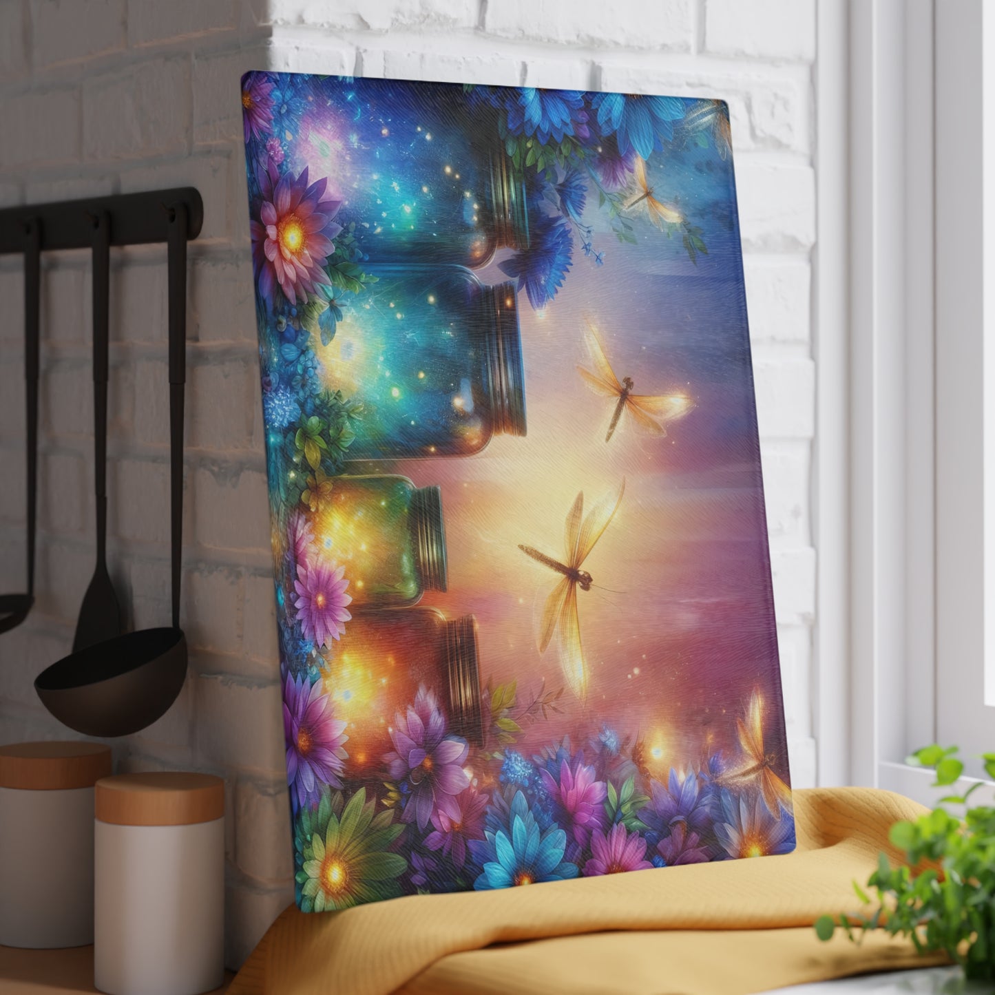 ✨🌸 Enchanted Dragonfly Glow Cutting Board – Magical Floral Garden Elegance 🌸✨