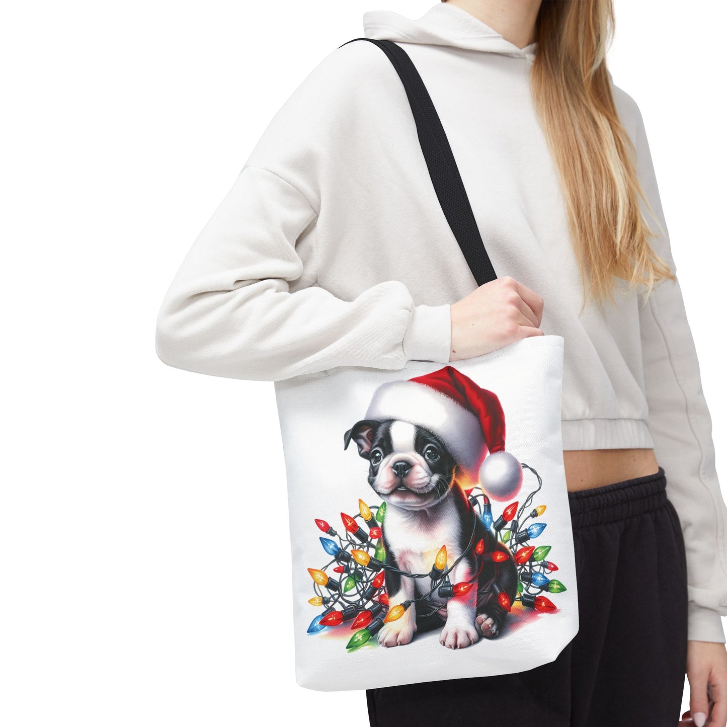 👜 Boston Terrier Christmas Lights Tote Bag – Holiday Sparkle Meets Puppy Love 🎄