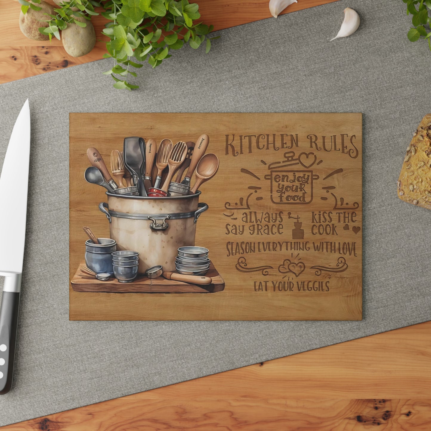 Rustic "Kitchen Rules" Glass Cutting Board – Farmhouse Kitchen Décor
