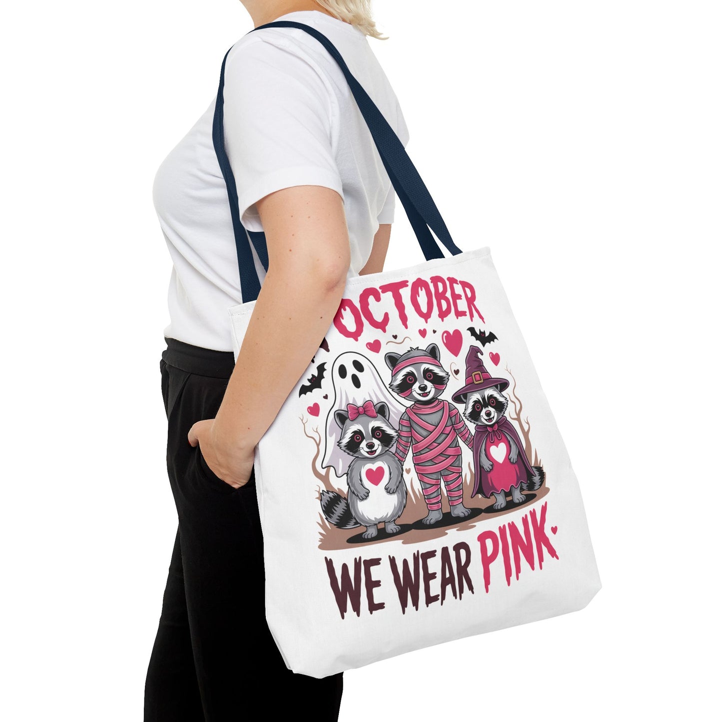 🎀 In October We Wear Pink Raccoon Halloween Tote Bag – Spooky Cute Awareness Style 🦝👜