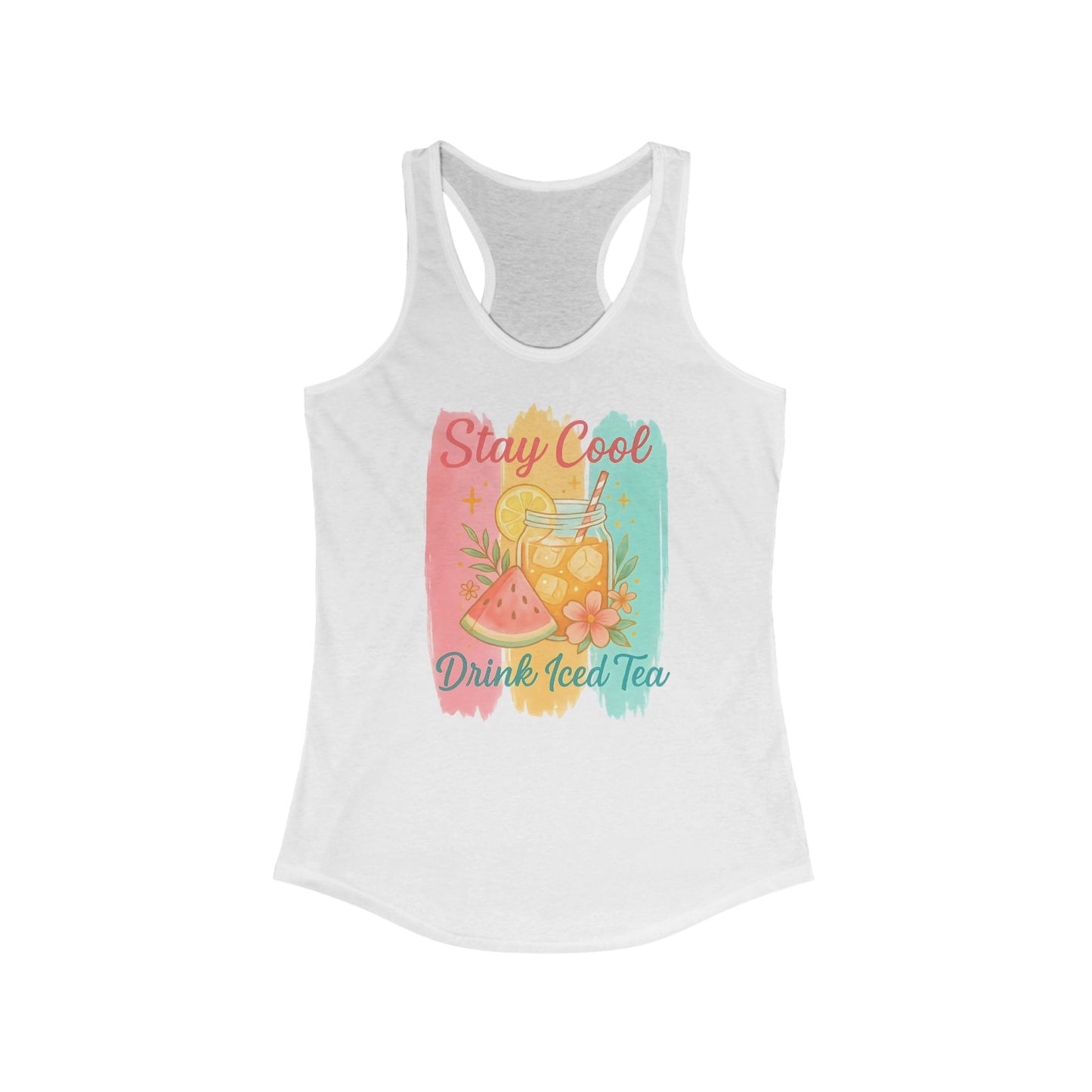 Camiseta de tirantes con espalda nadadora "Mantente fresco, bebe té helado" - Gráfico de sandía y té de verano | Solo en blanco