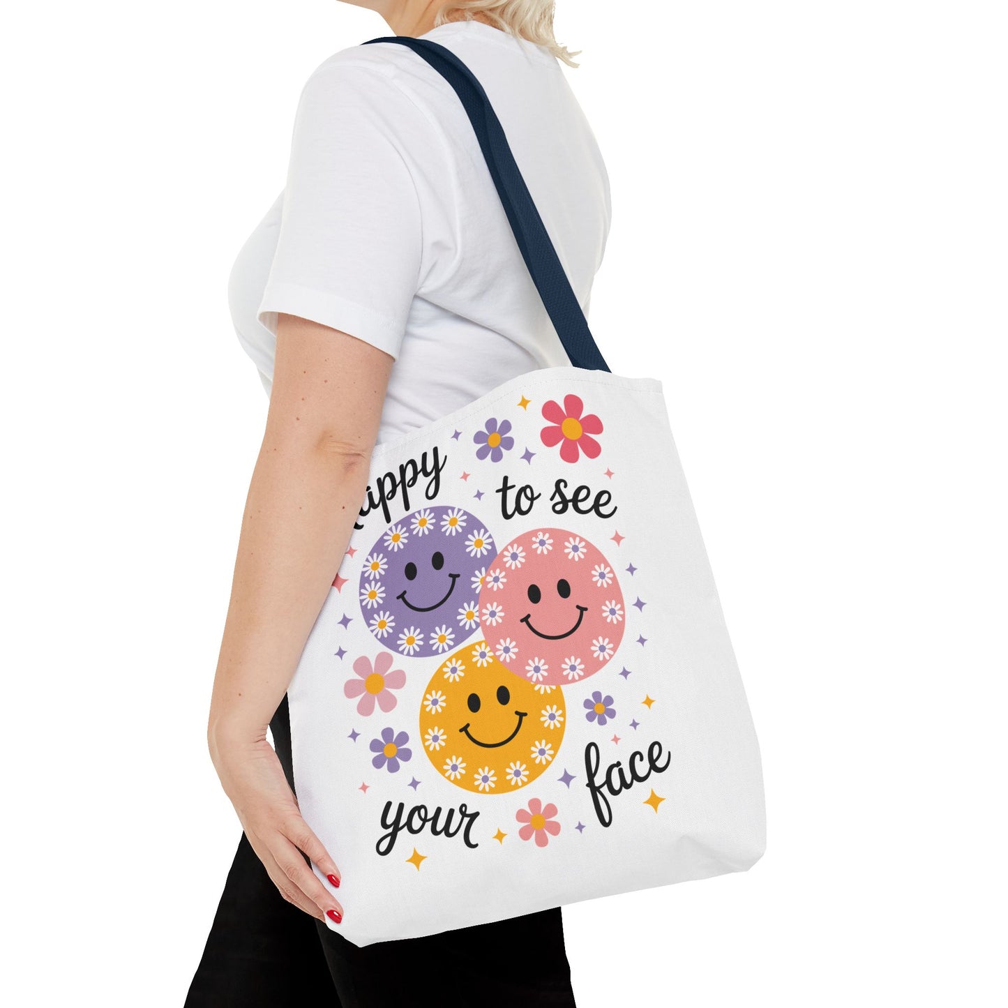 ๐ผ Happy Face Daisy Tote Bag โ Retro Smiles with Floral Charm ๐ธ